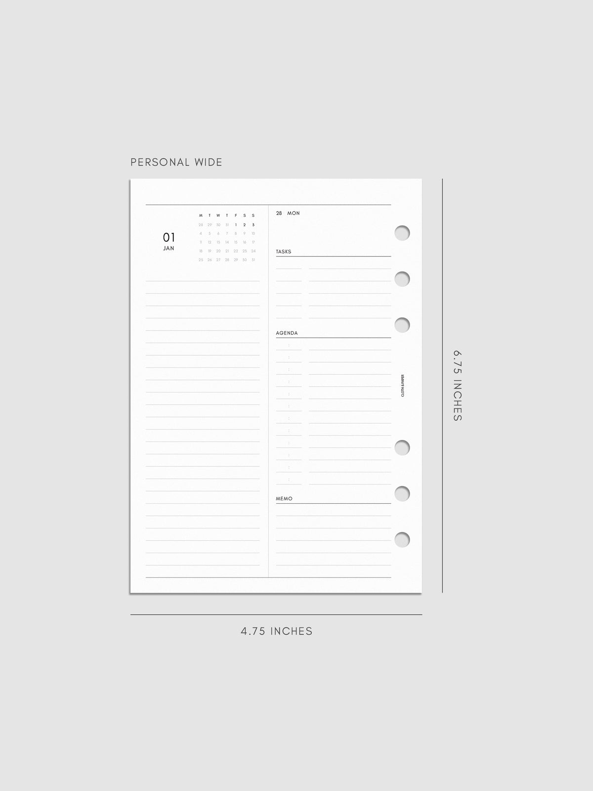 Left page layout of the 2027 Dated Daily Inserts | Monday Start in size Personal Wide 6-Ring Punch