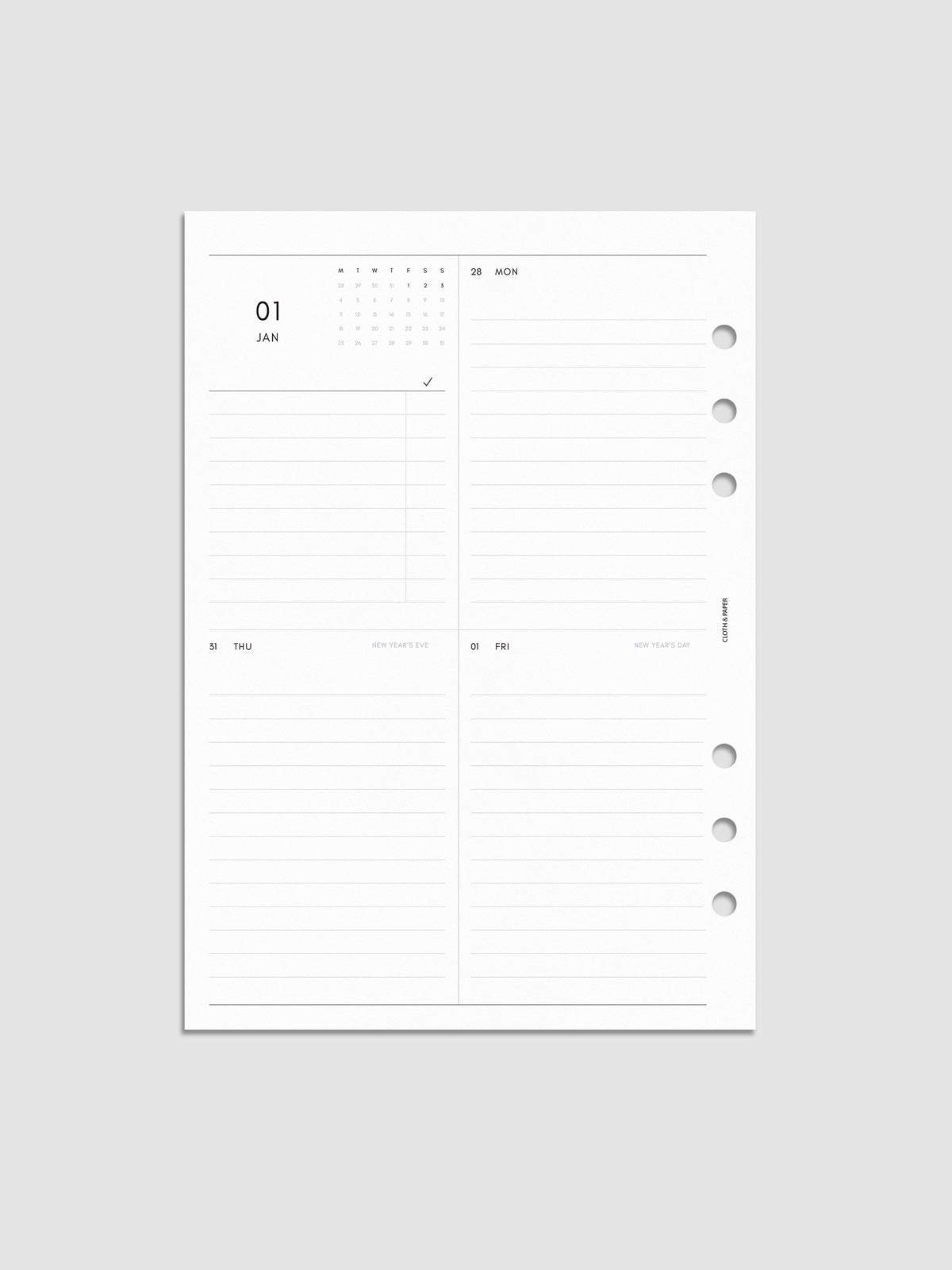 2027 Dated Weekly Vertical Planner Inserts, Monday Start, A5 6-Ring Punch, left page of weekly spread showing a two-column two-row daily grid with mini monthly calendar and task list alongside Monday and lined sections throughout