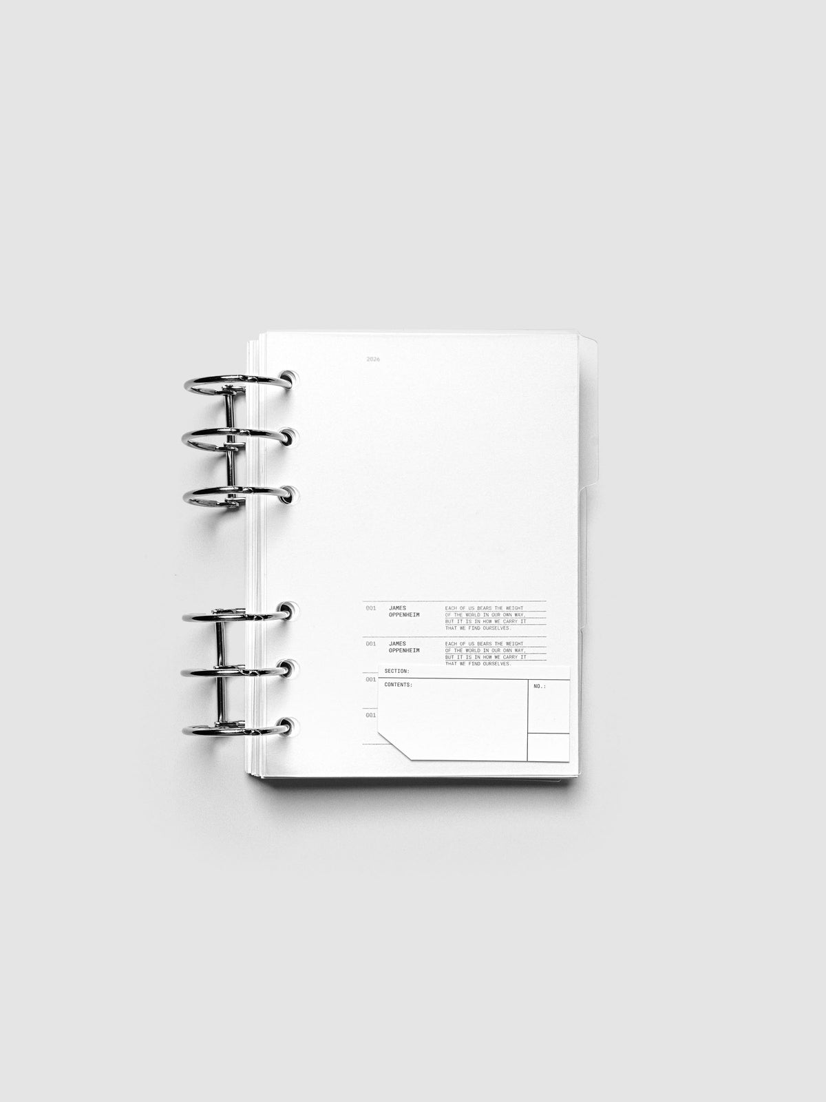 Clear side tab dividers sized for A6 planners shown in use with a blank label with headers section, content, and no.