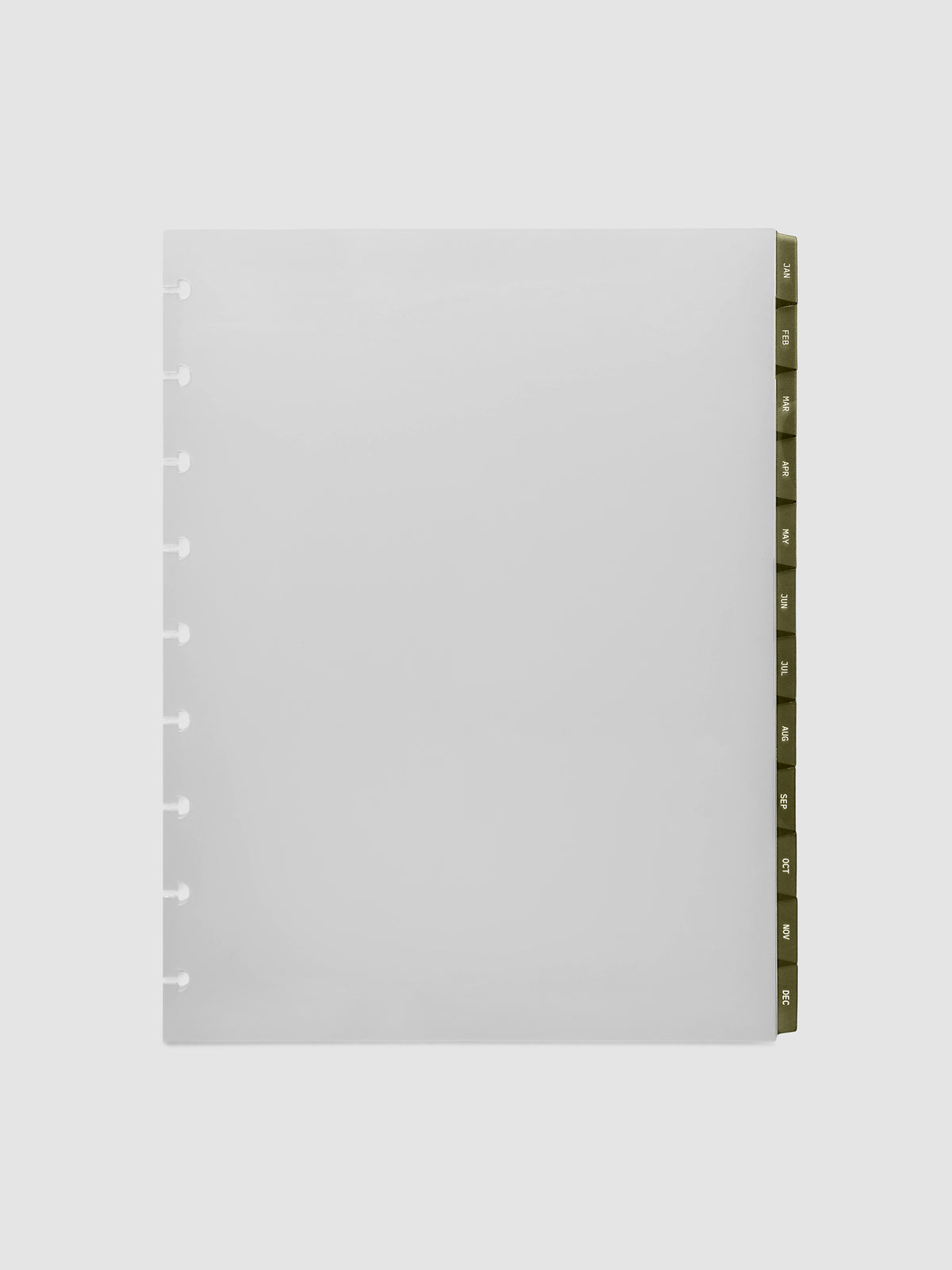 HP Classic 9-Disc Punch Ultra-Thin Monthly Dividers in olive green, set of 12 dividers fanned to show all months