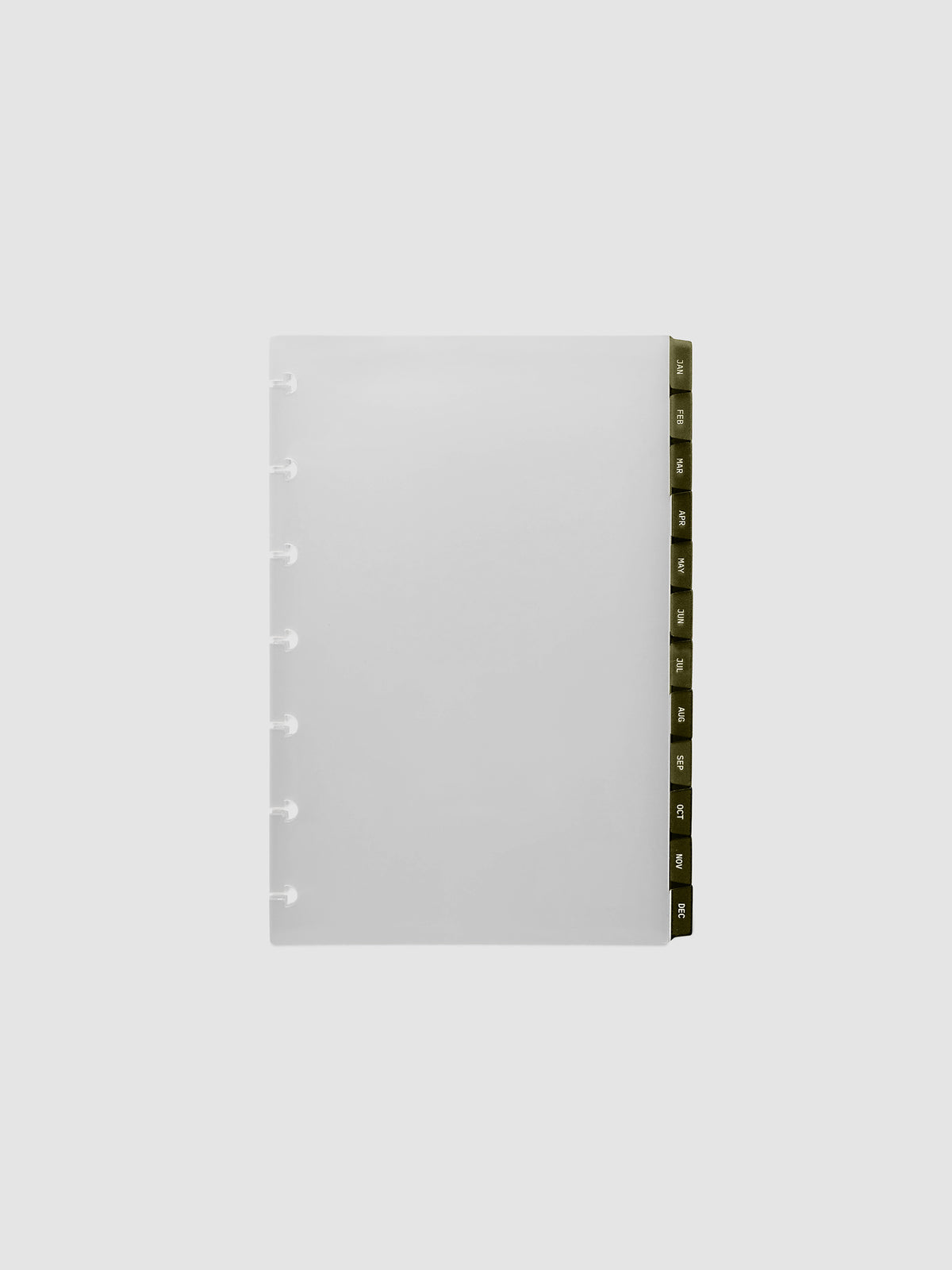 HP Mini 7-Disc Punch Ultra-Thin Monthly Dividers in olive green, set of 12 dividers fanned to show all months