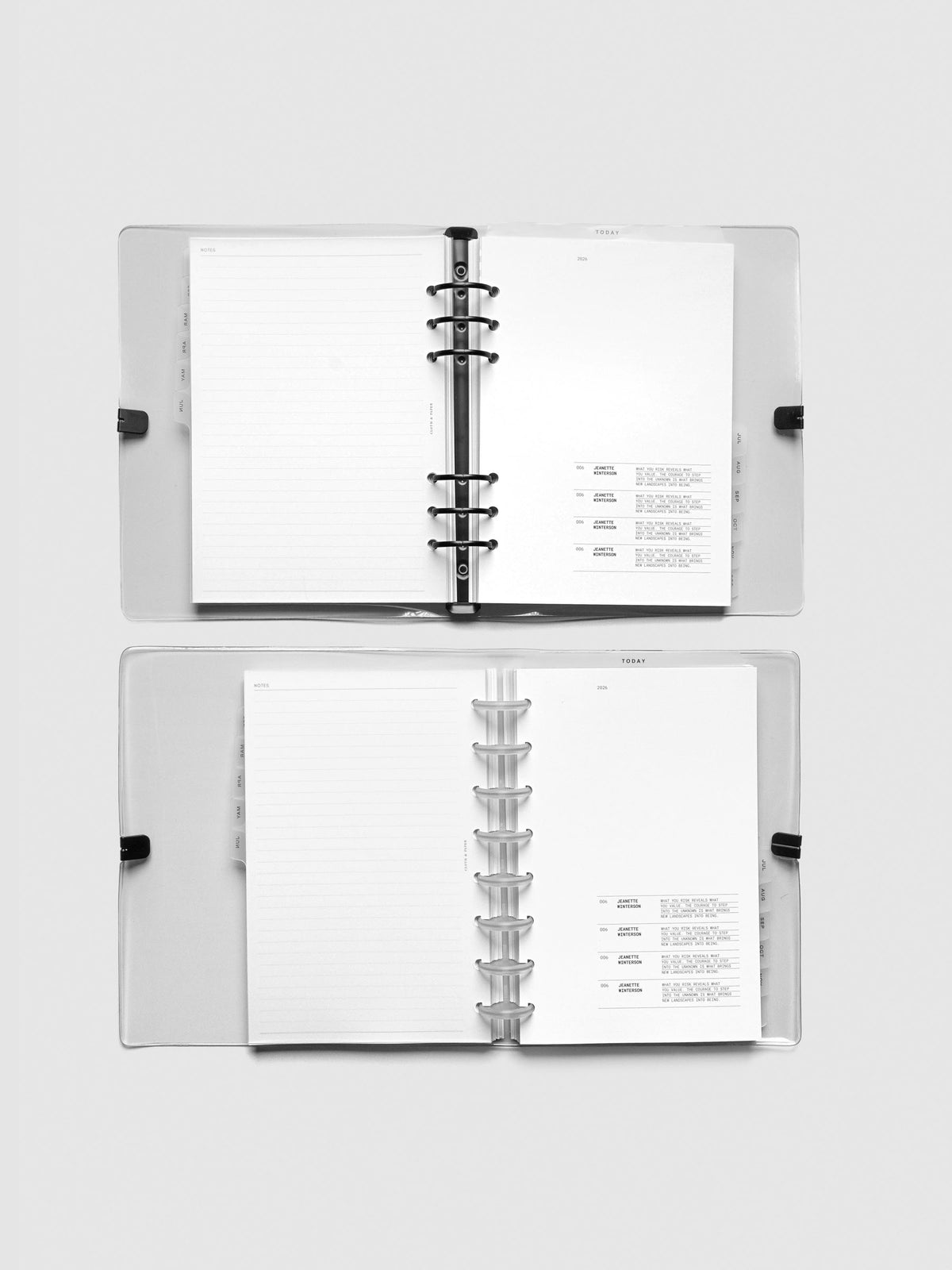 Both A5 and Half Letter sizes of the 026 Dated Planner Bundle Horizontal Weekly Monday Start shown open.