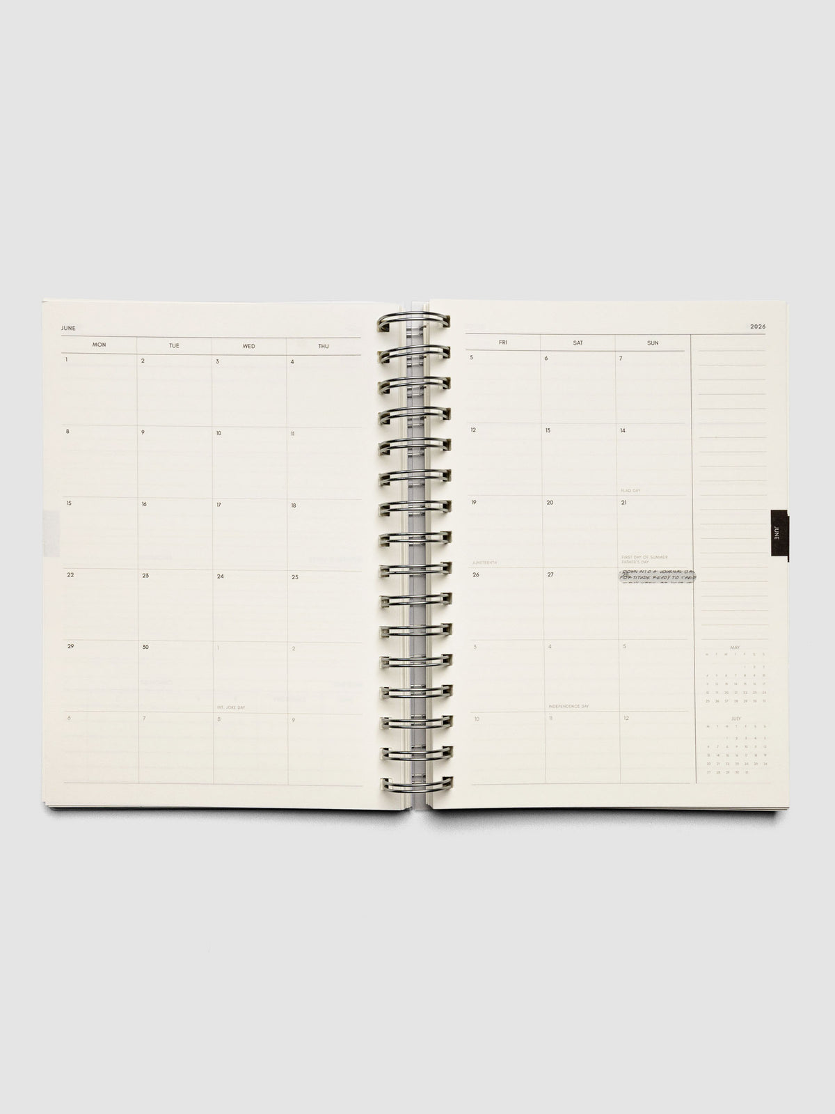 Inside of the 2026 Weekly Horizontal Notebook | Monday Start | A5 Spiral on a monthly overview page.