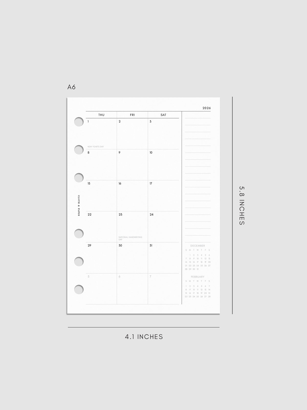 Digital mock-up of the monthly spread in A6.