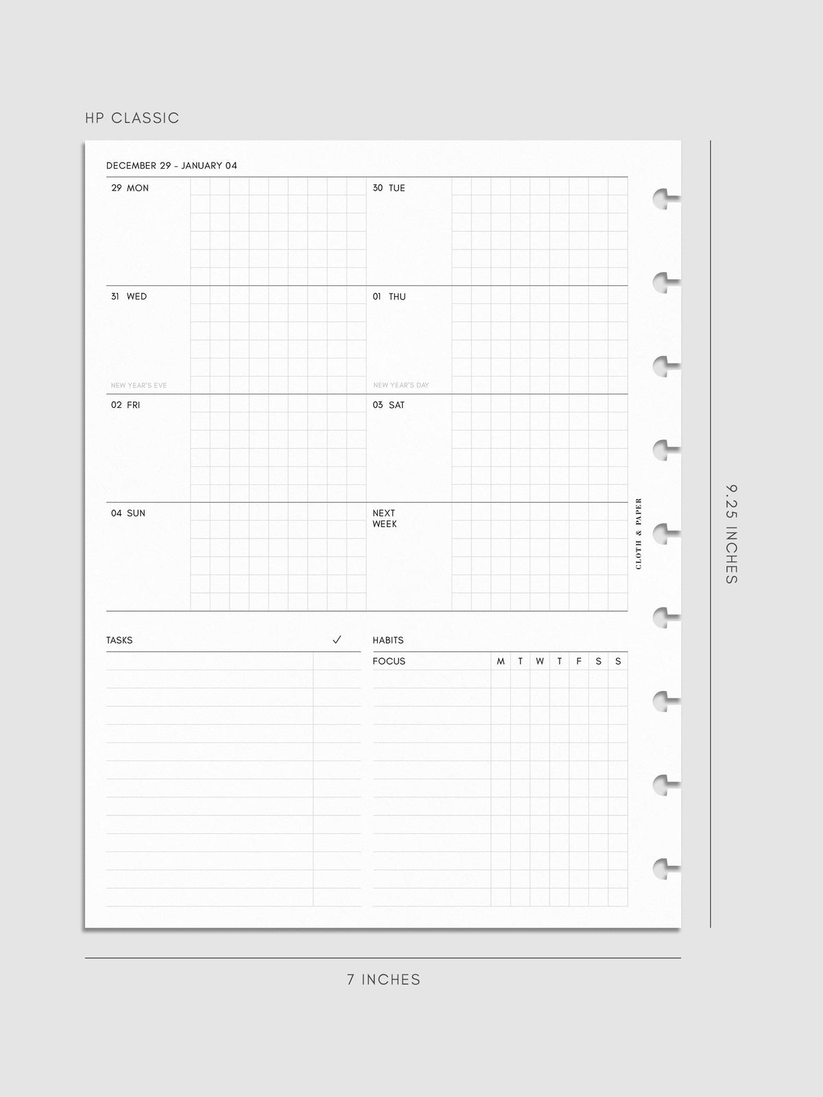 Digital mock-up of the weekly spread in HP Classic.