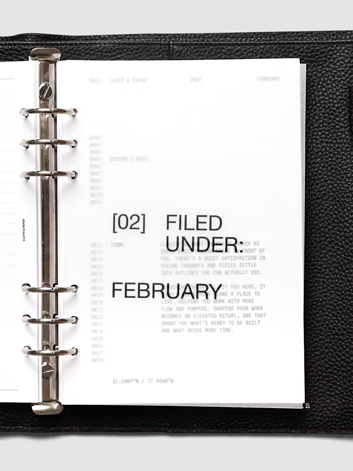2027 Front + Monthly Dashboard Overlays, Avant Garde, A5 6-Ring Punch, vellum dashboard overlay shown layered inside a planner