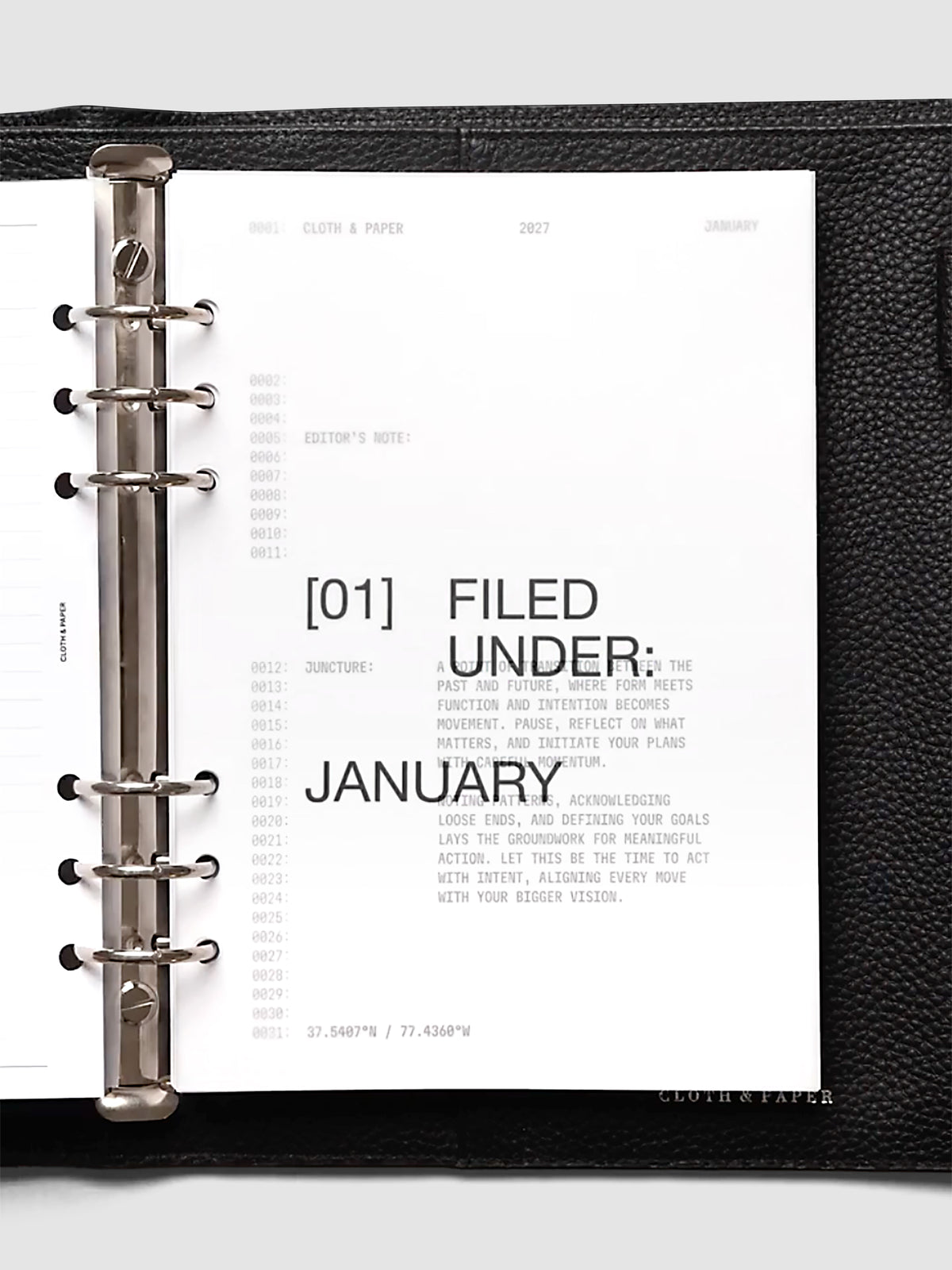2027 Front + Monthly Dashboard Overlays, Avant Garde, A5 6-Ring Punch, vellum dashboard overlay shown layered inside a planner