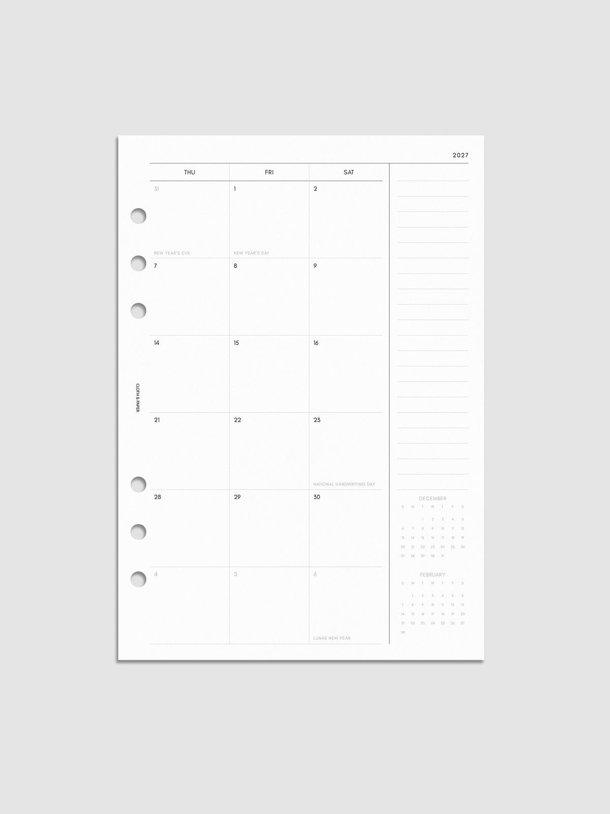 Right page of the 2027 Dated Monthly Sunday Start insert in A5 6-Ring Punch size, showing the dated calendar grid with a notes column and mini calendars in the bottom right corner