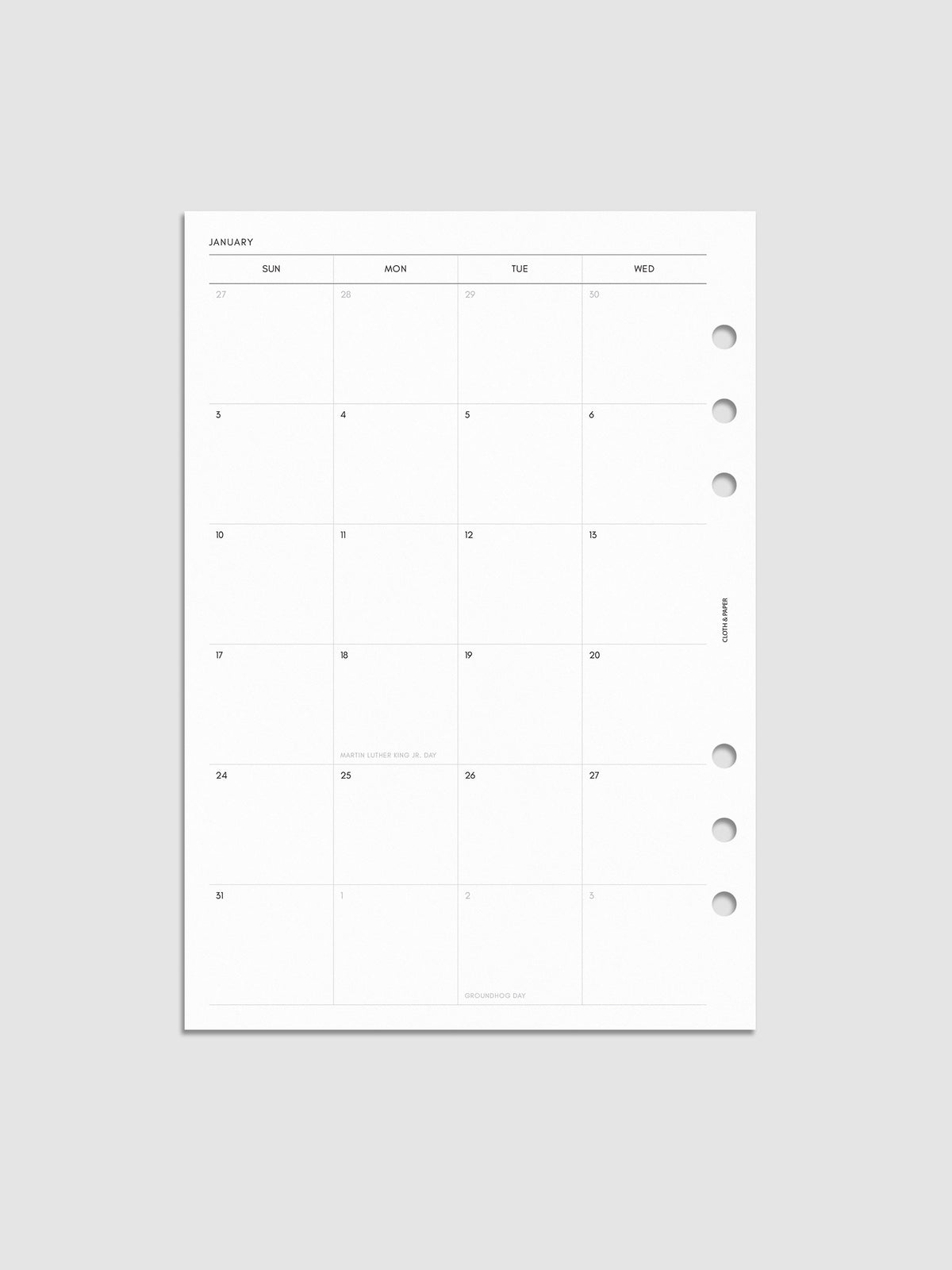 Left page of the 2027 Dated Monthly Sunday Start insert in A5 6-Ring Punch size, showing the dated calendar grid