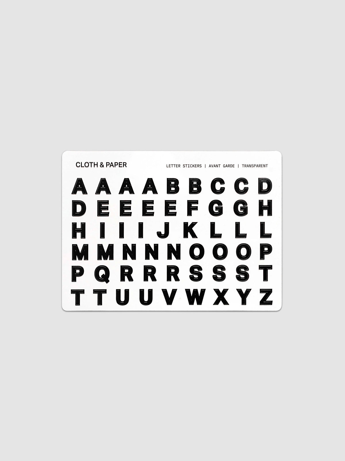 Letter Stickers Transparent, single sheet showing full A–Z alphabet in bold black letters on a clear backing