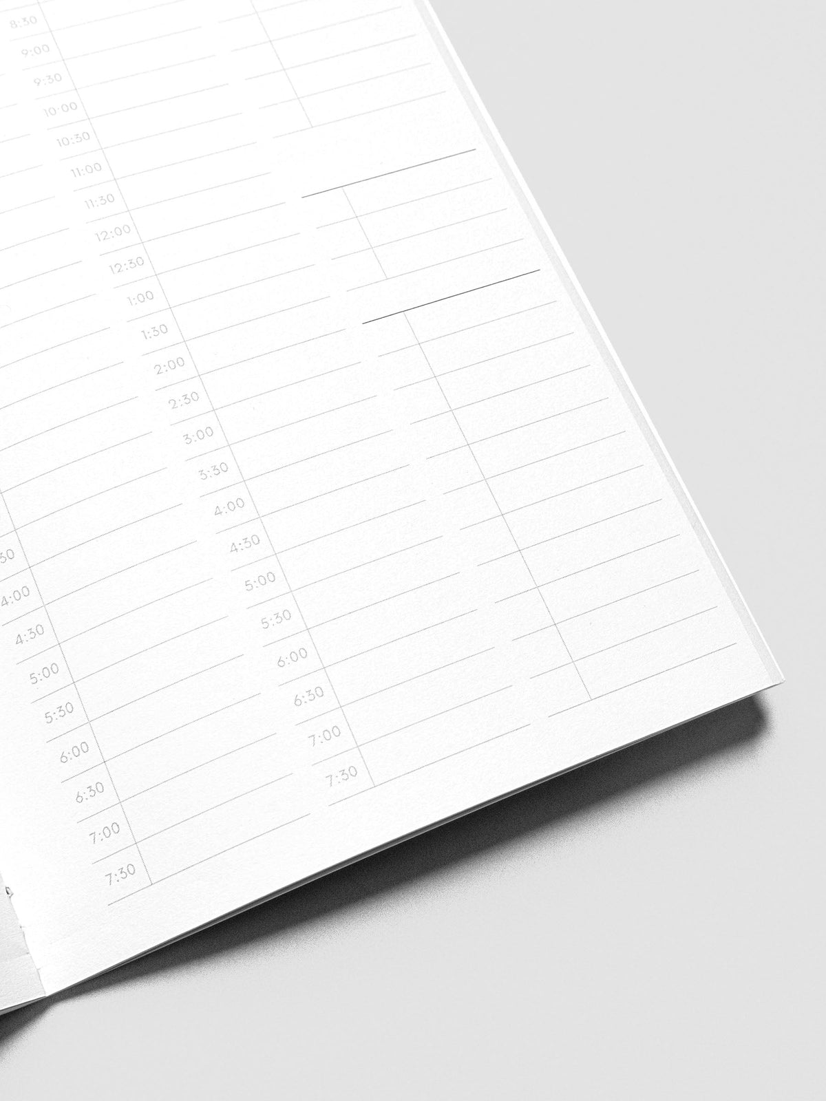 Travel Notebook in size A5 Slim in color Bordeaux with 30 Minute Time Block pages with inner pages shown in close up.