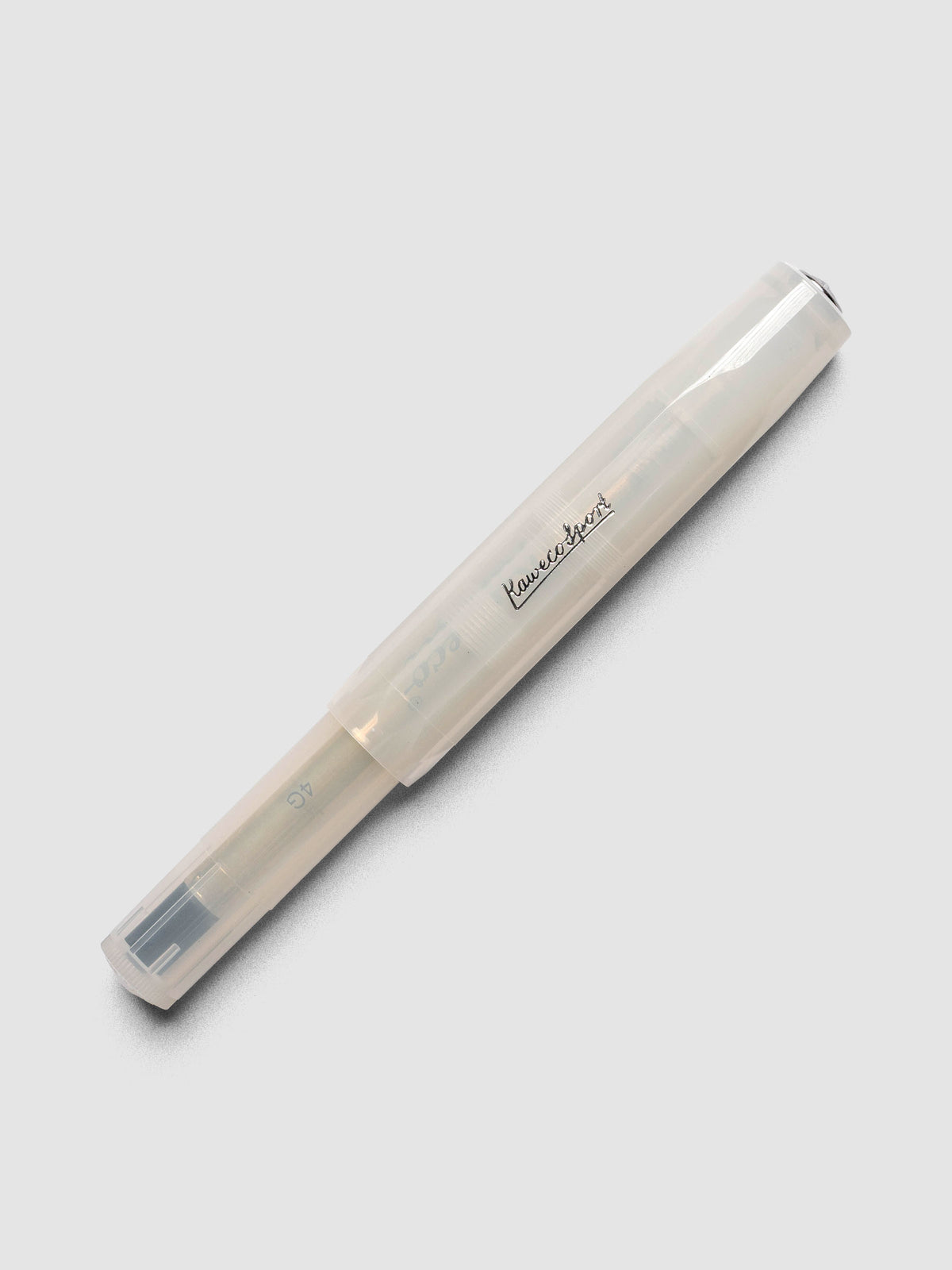 A clear rollerball pen shown capped.