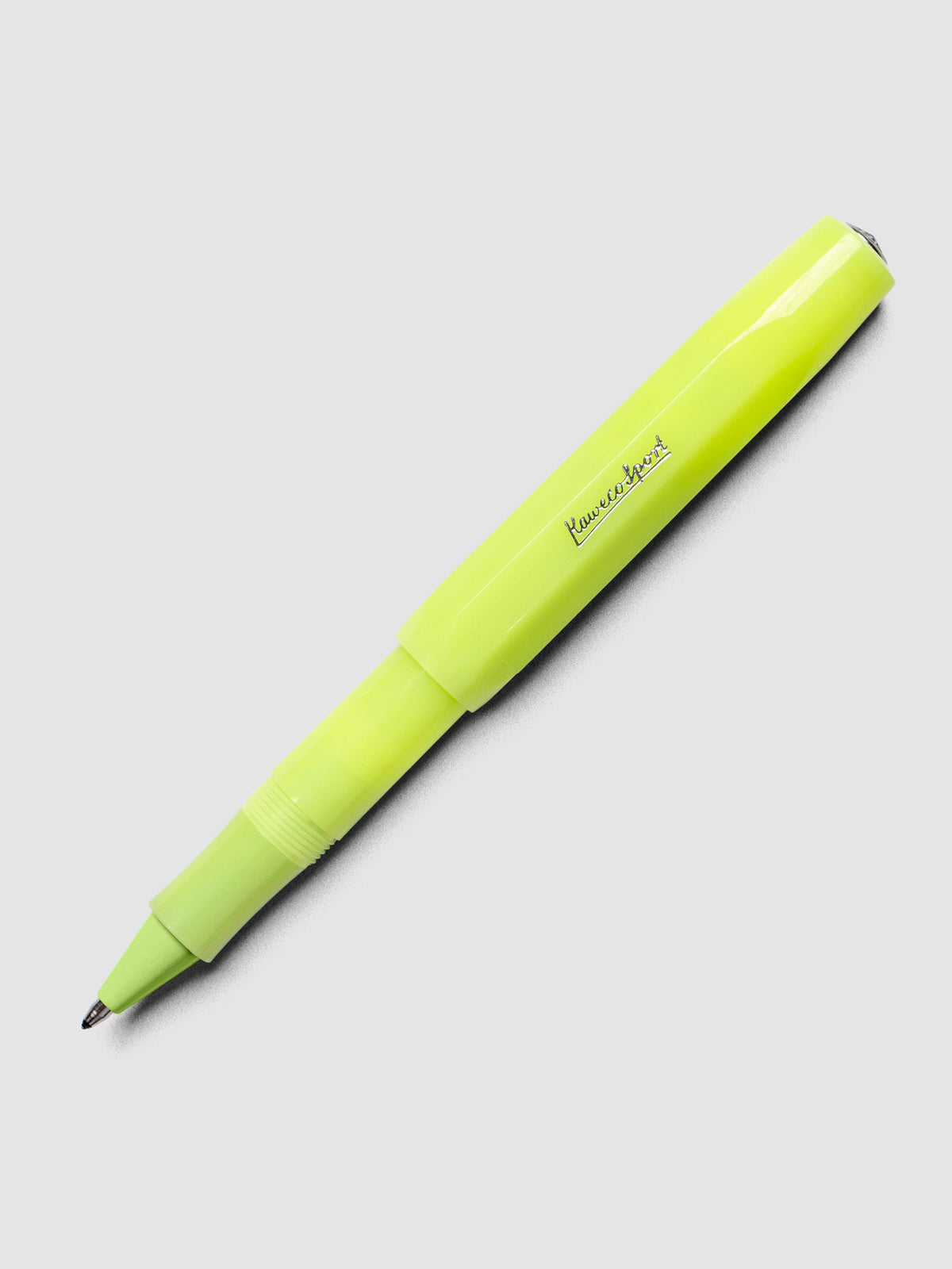 Lime green rollerball pen shown with cap posted.