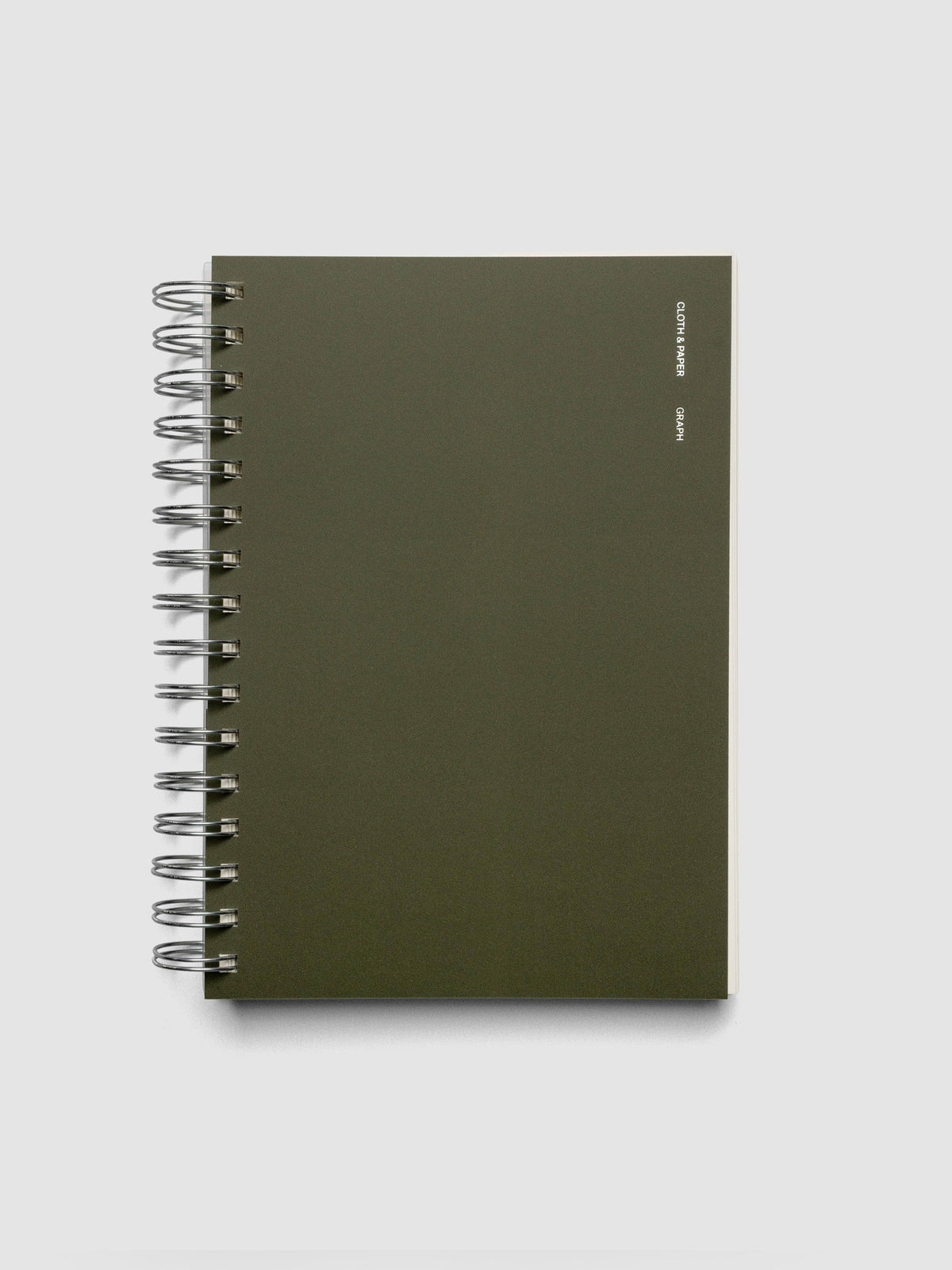 Spiral Notebook in size A5 and color Olive green with graph note interior pages shown closed.