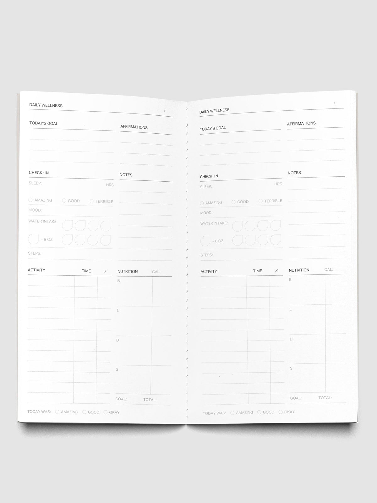 Interior of Travel Notebook in size A5 Slim in color Smoked Salt with Daily Wellness pages.