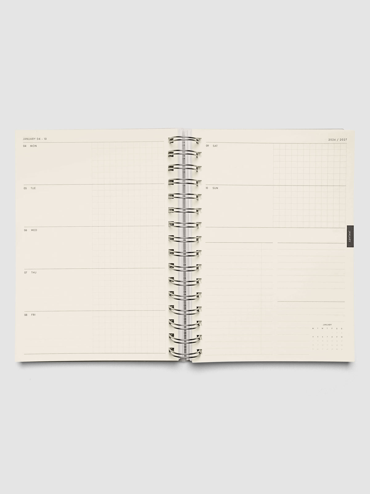 Two-page horizontal weekly spread showing half-blank, half-graph daily sections with to-do and notes columns, from the 2026–2027 Weekly Horizontal Academic Planner A5 Spiral