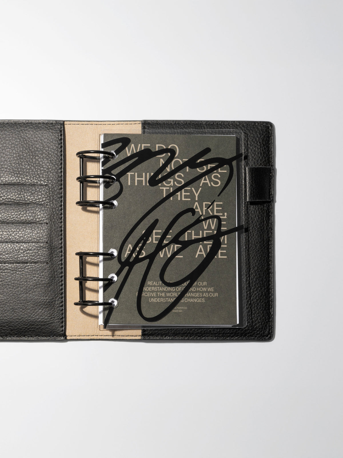 As We Are Cover + Dashboard Set in size A6 shown ring bound in a black leather folio.