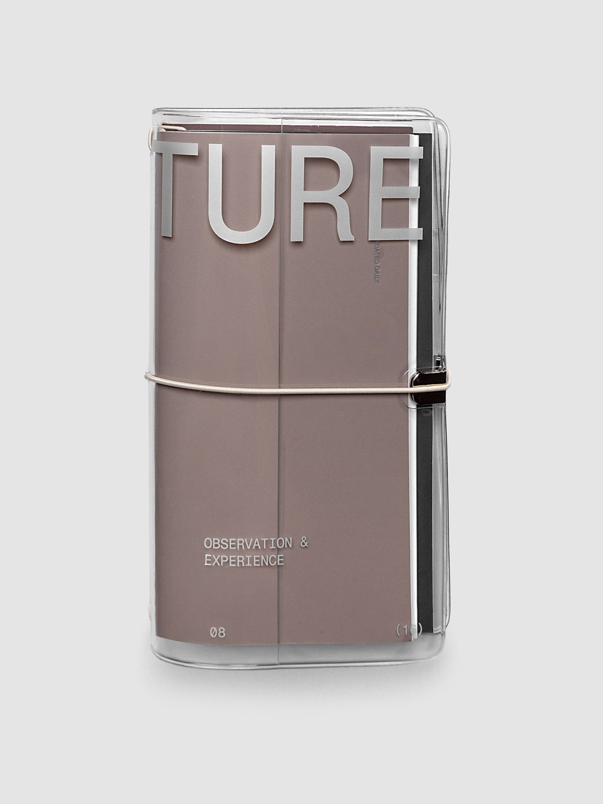 Aperture Travel Notebook Cover in A5 Slim size, clear vinyl with grey bands, shown holding travel notebooks