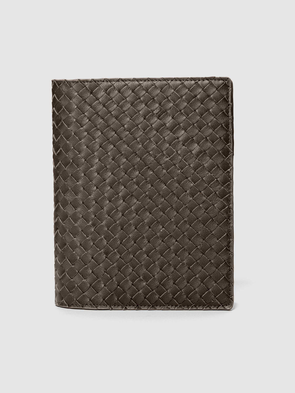 Dark brown genuine leather woven leather folio sized for Half Letter and A5 planners.
