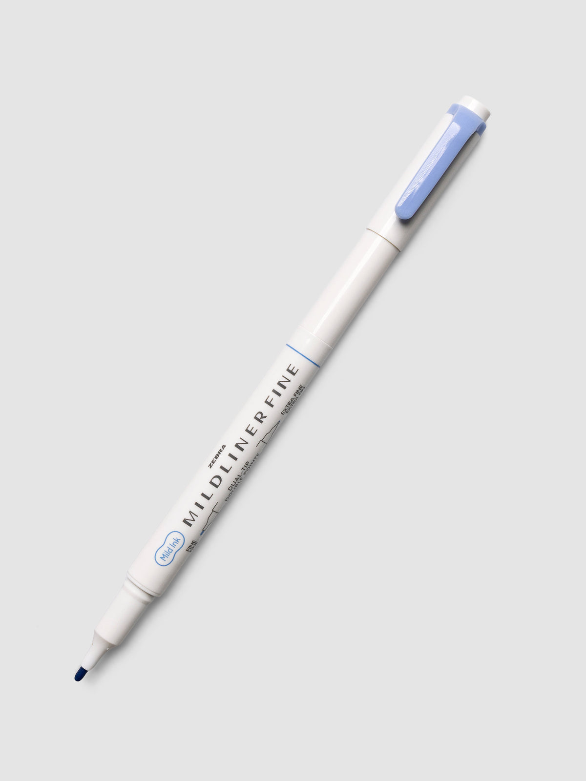 Zebra Mildliner Dual-Tip Fineliner in dark blue with cap removed showing fine bullet tip