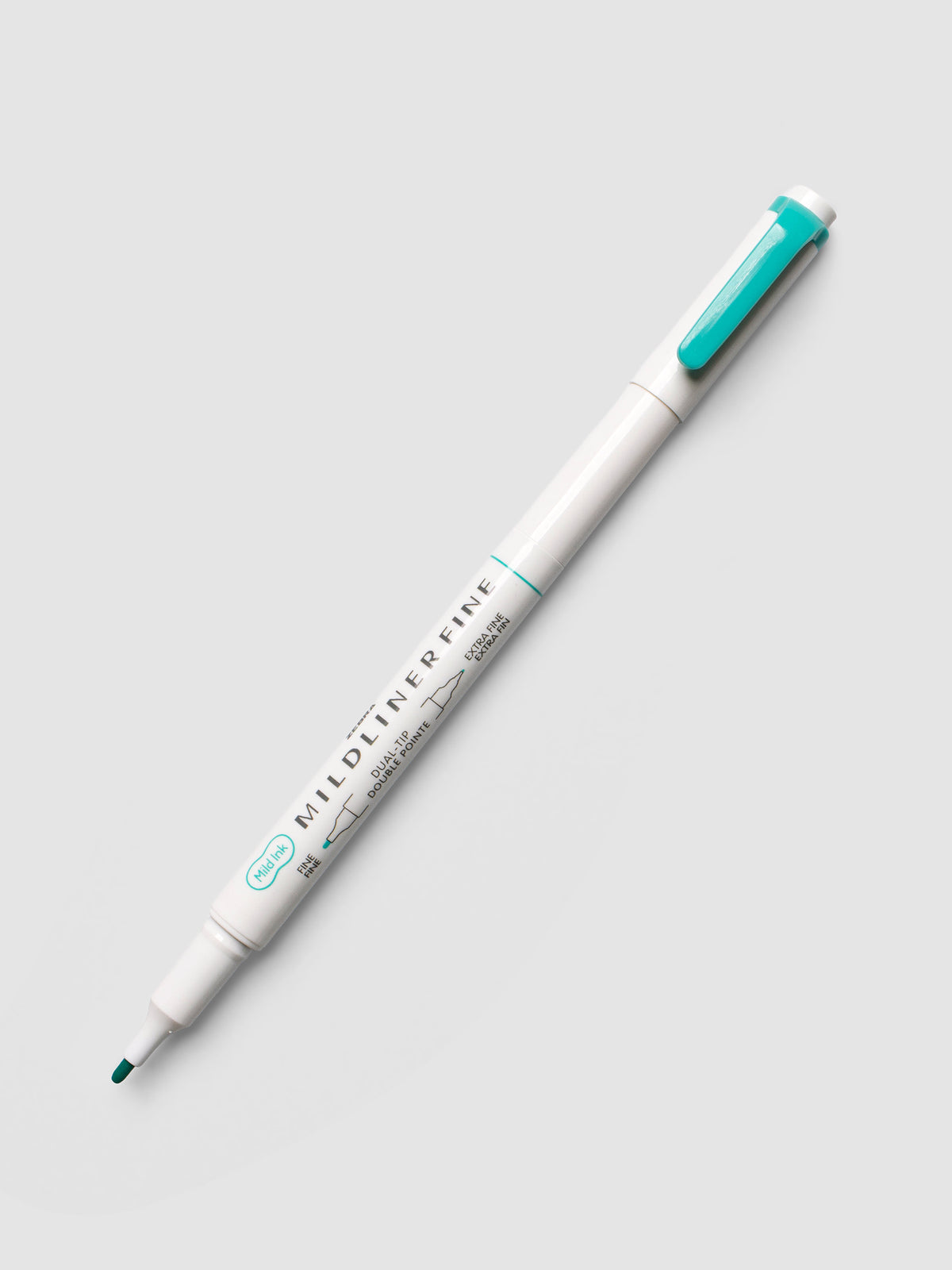 Zebra Mildliner Dual-Tip Fineliner in summer green with cap removed showing fine bullet tip