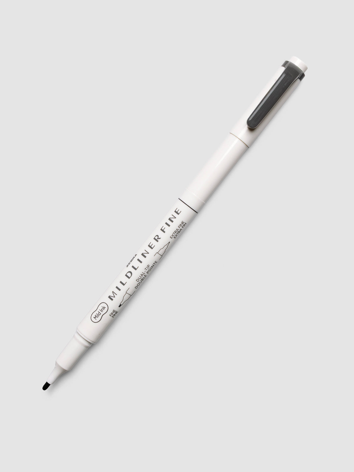 Zebra Mildliner Dual-Tip Fineliner in deep gray with cap removed showing fine bullet tip