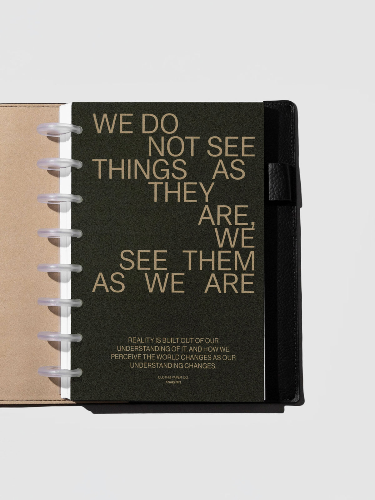 As We Are Cover + Dashboard Set in size Half Letter shown discbound in a black leather folio.