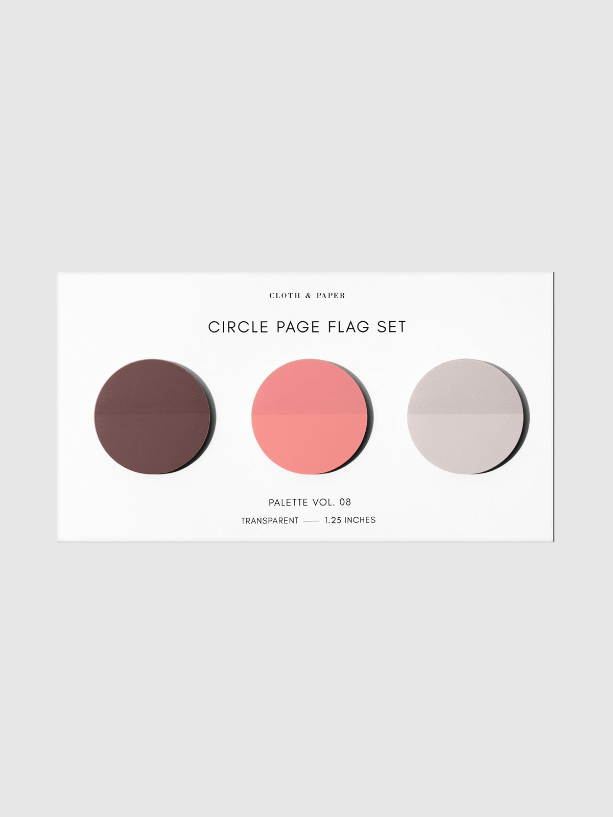 Page flags on their backing on a neutral background. Pictured is color set Volume 08.