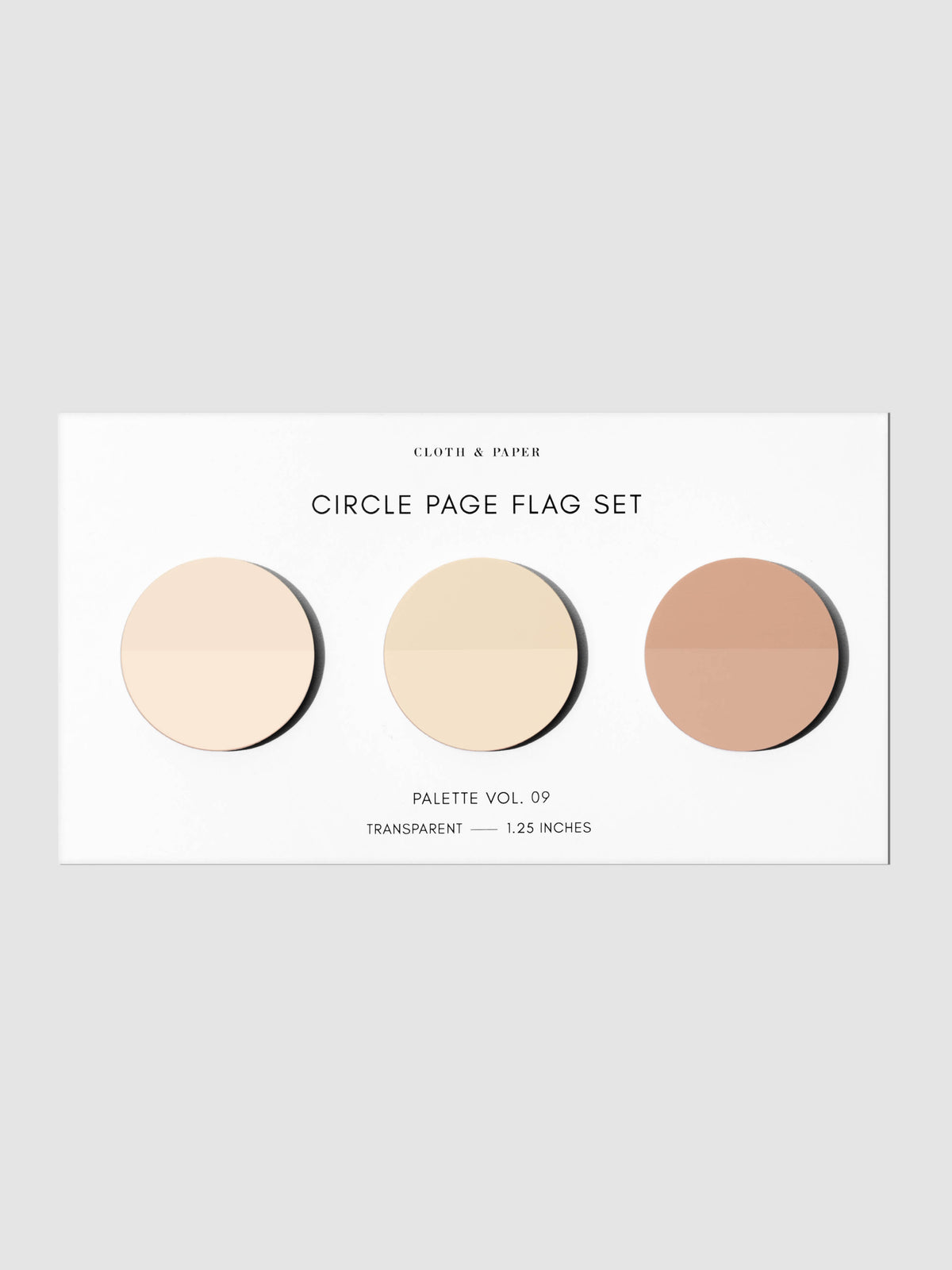 Circle Page Flag Trio, Leché, Cashmere, and Nude, Cloth & Paper. Page flags on their backing on a neutral background.