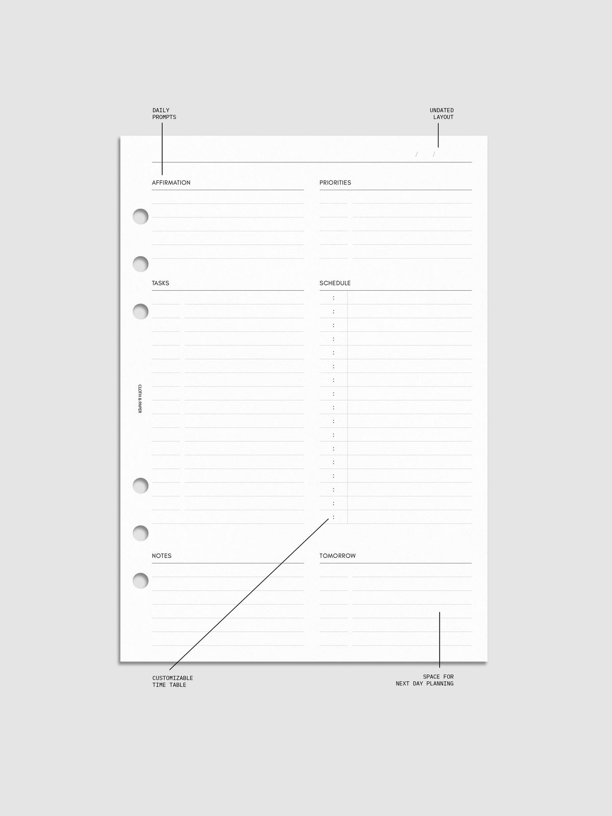 Daily Essentials Planner Inserts digital mockup in size A5, pre-punched for 6-ring binders. Includes headers for affirmations, priorities, tasks, schedule, notes, and tomorrow.
