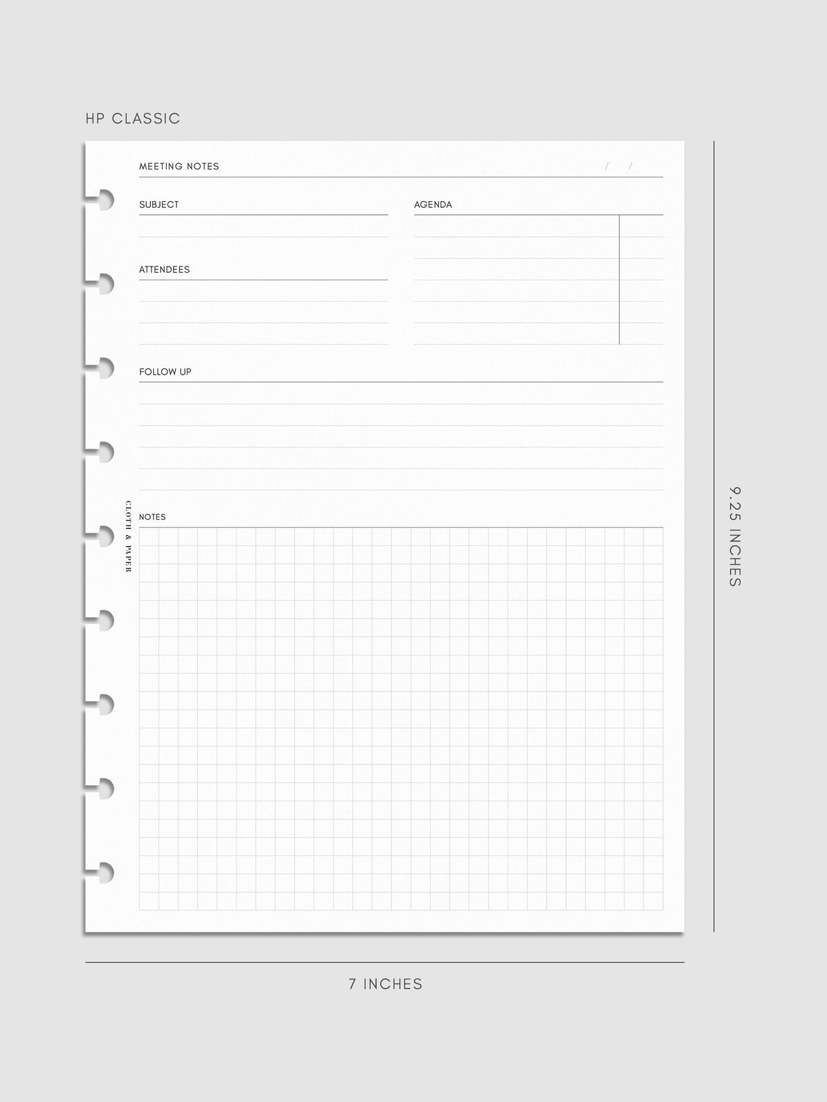 HP Classic meeting notes insert measuring 7 by 9.25 inches. The minimal design features sections for subject, agenda, attendees, follow-up, and a gridded notes area with disc-bound punches along the side.