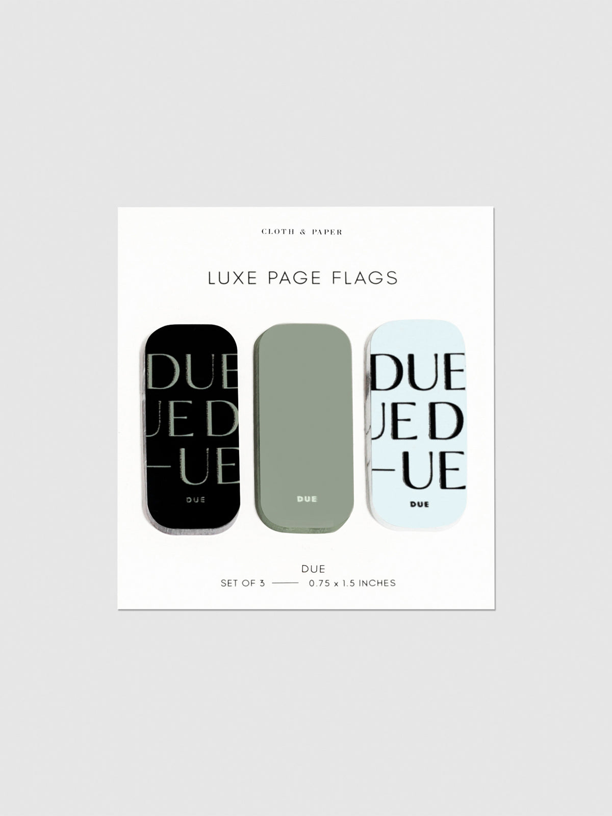 Luxe page flags on their backing on a neutral background. The text on the left and right flag read "Due" repeated multiple times.