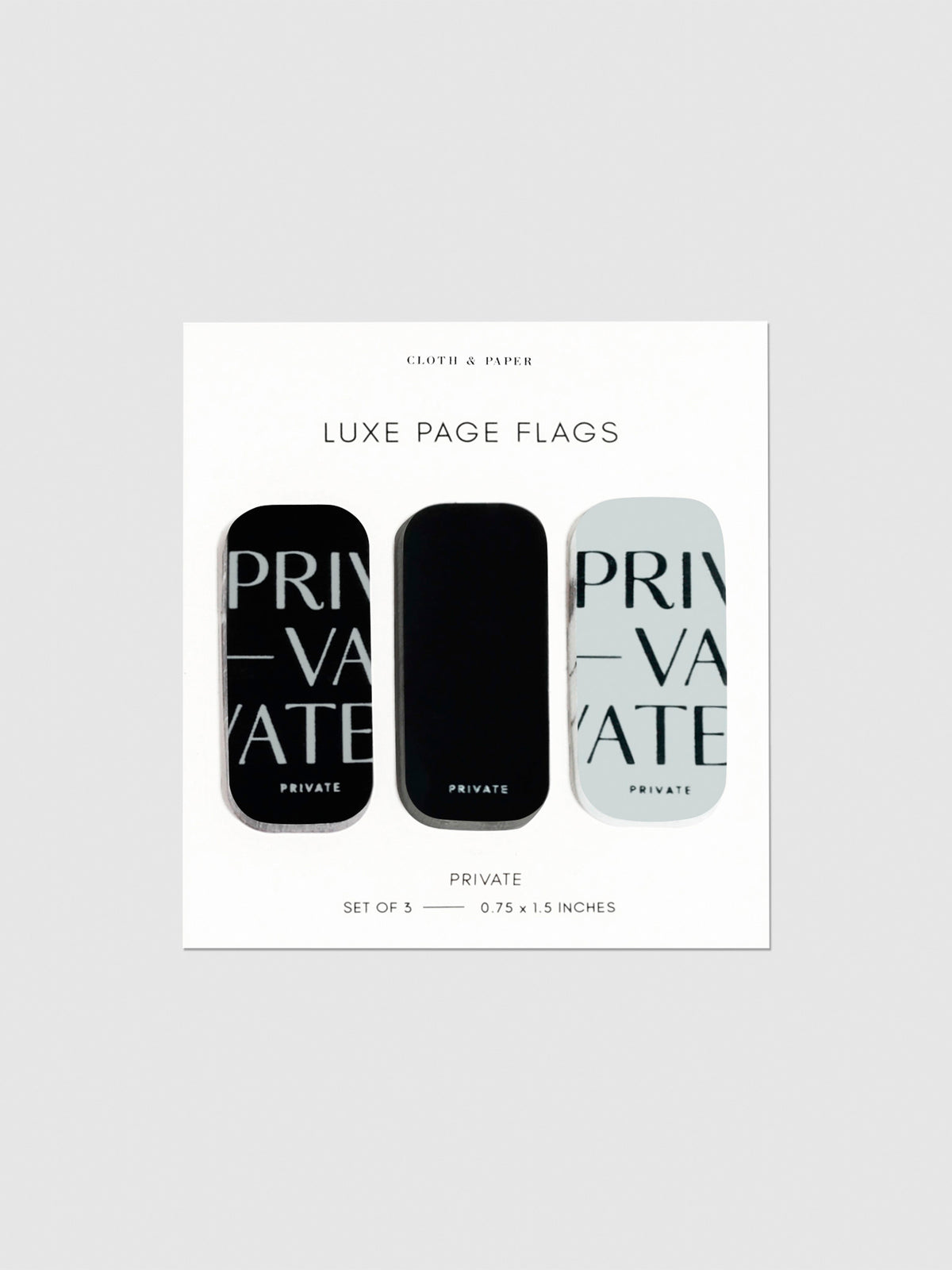Luxe page flags on their backing on a neutral background. The text on the left and right flag read "Private" repeated multiple times.
