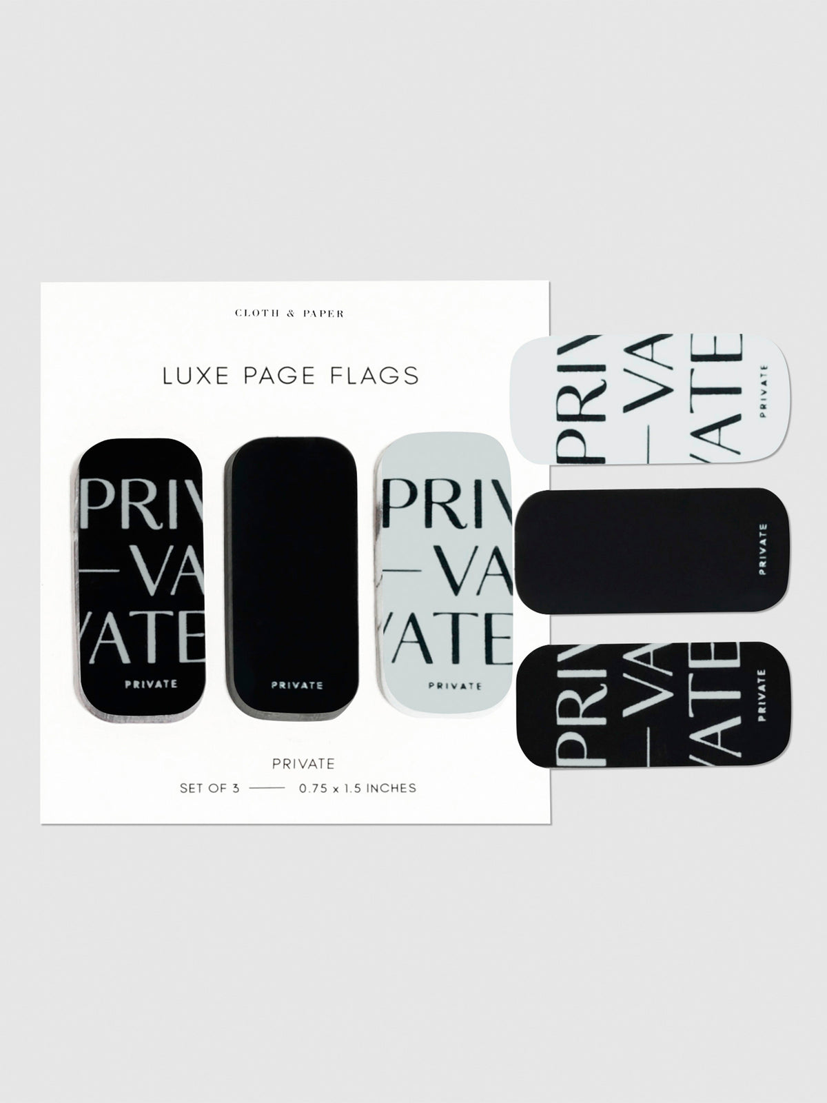 Private page flags on their backings on a neutral background. One of each flag is stuck to the right side of the backing.