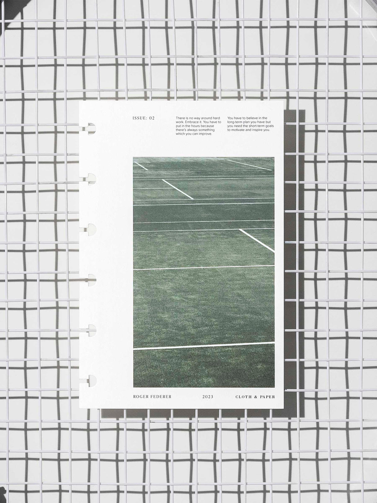 Full Court dashboard displayed on a tennis racket's netting. Size shown is A5.