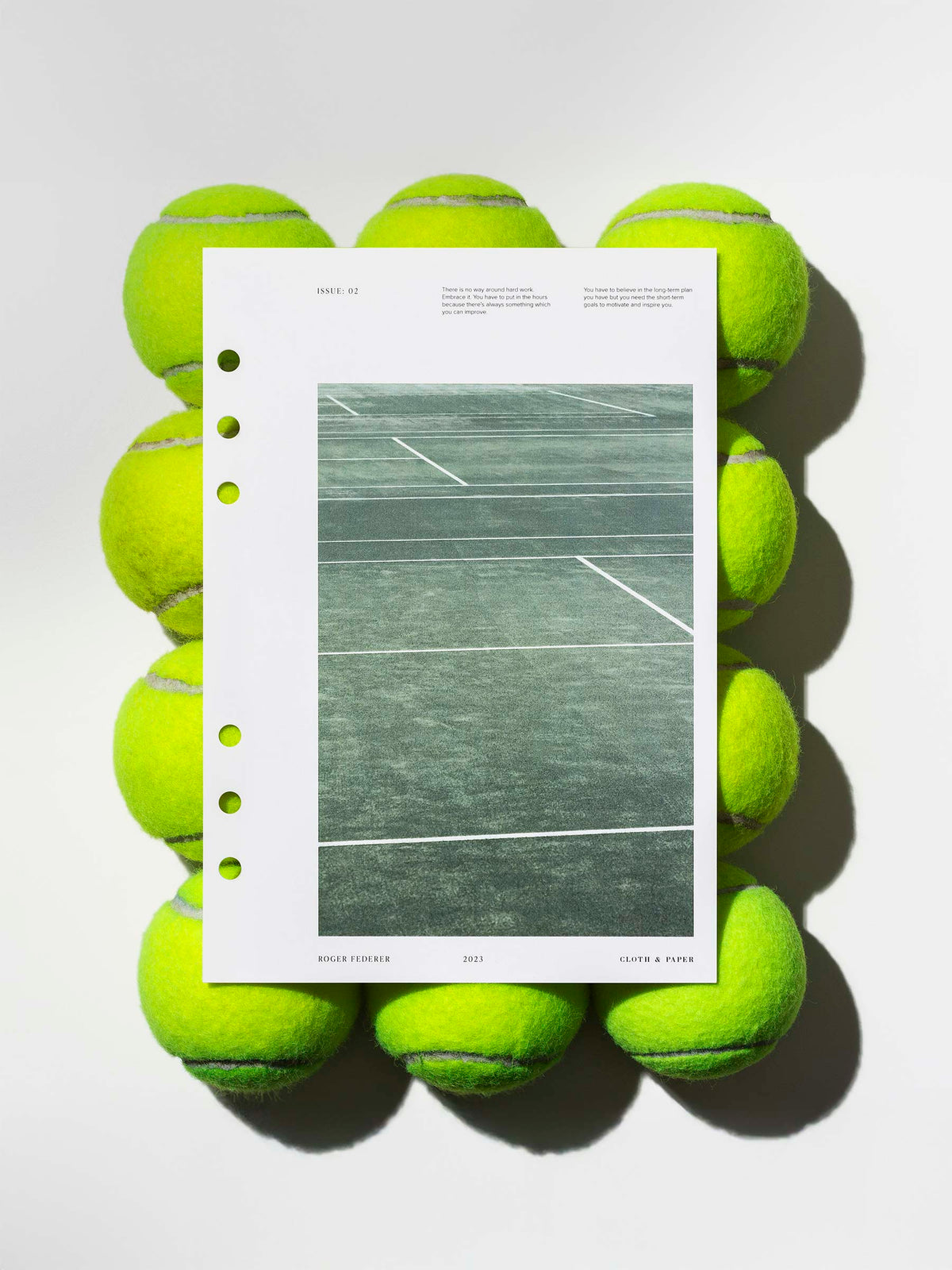 Full Court dashboard displayed on top of 12 tennis balls. Size shown is A5.