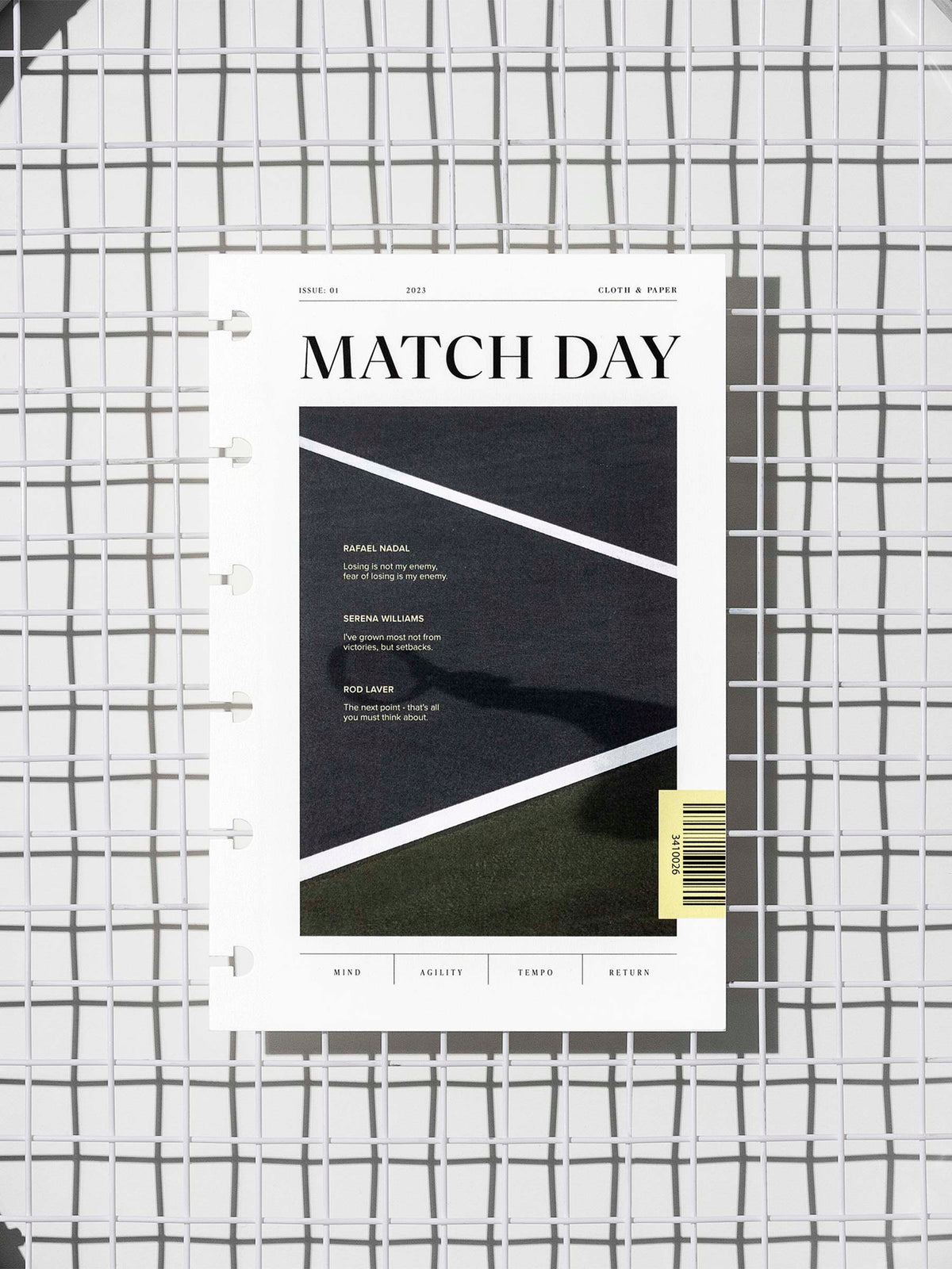 Match Day dashboard displayed on a tennis racket's netting. Size shown is CP Petite.
