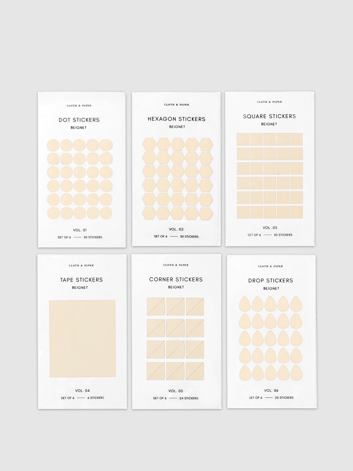 Mini Shape Sticker Set, Transparent, Beignet, Cloth and Paper. 6 different shapes of stickers laid out against a neutral background.
