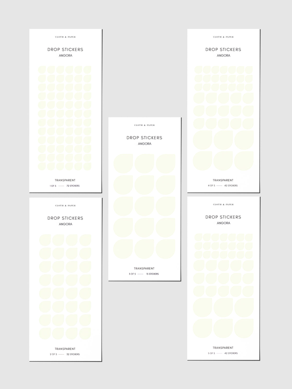 Minimal Shape Sticker Set, Angora, Cloth and Paper. Set of five sticker sheets shown on a gray background. Color shown is Angora.