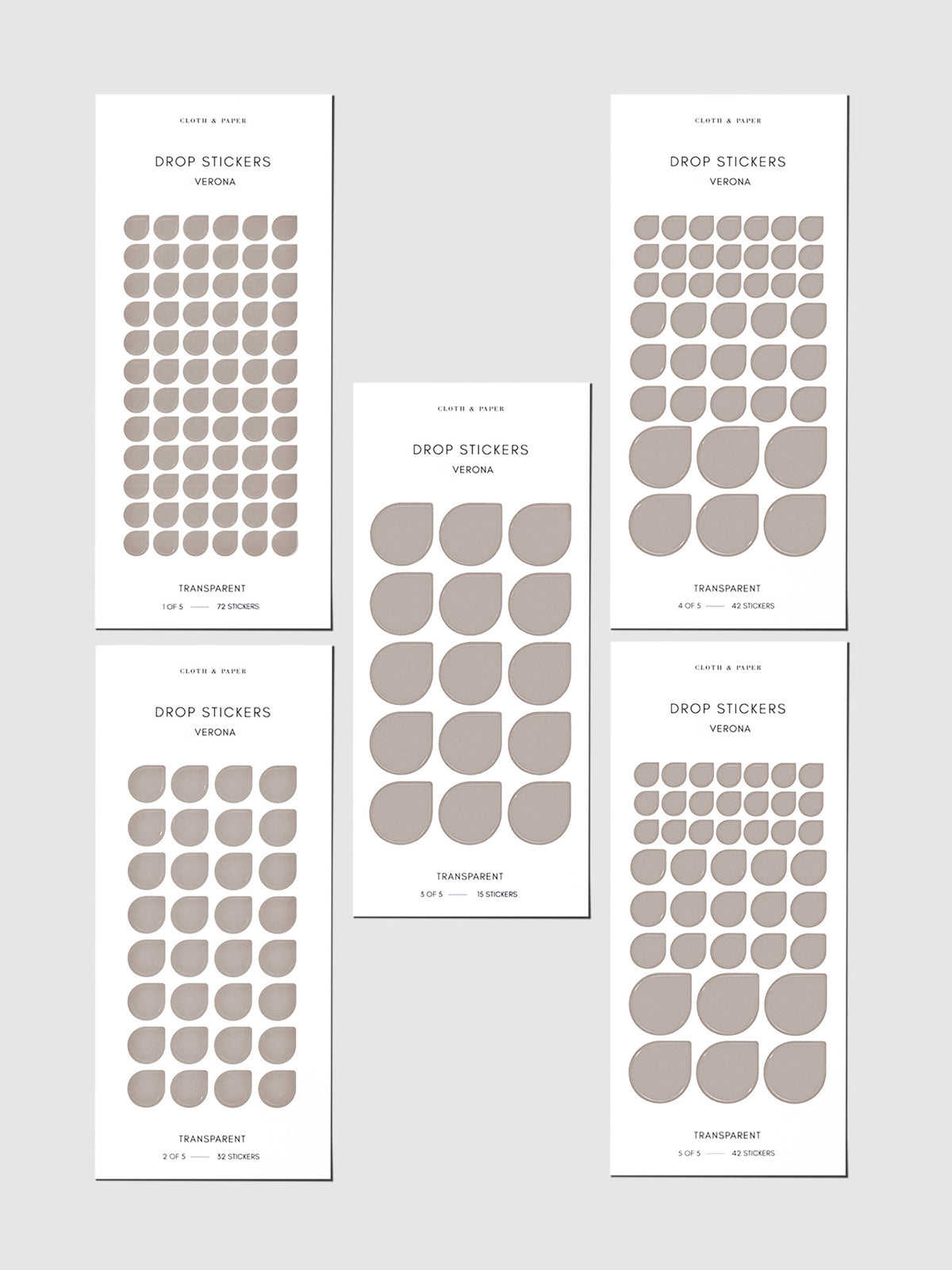 Set of five sticker sheets shown on a gray background. Color shown is Verona.