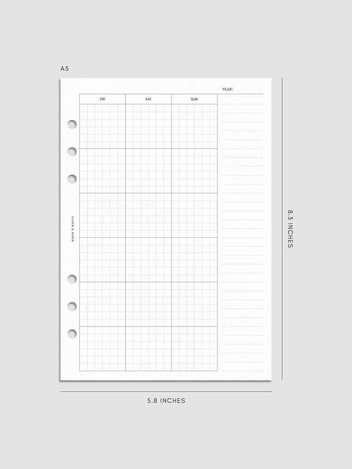 One page of Monthly Graph Planner Inserts in size A5 with graph note style calendar and a lined notes section.