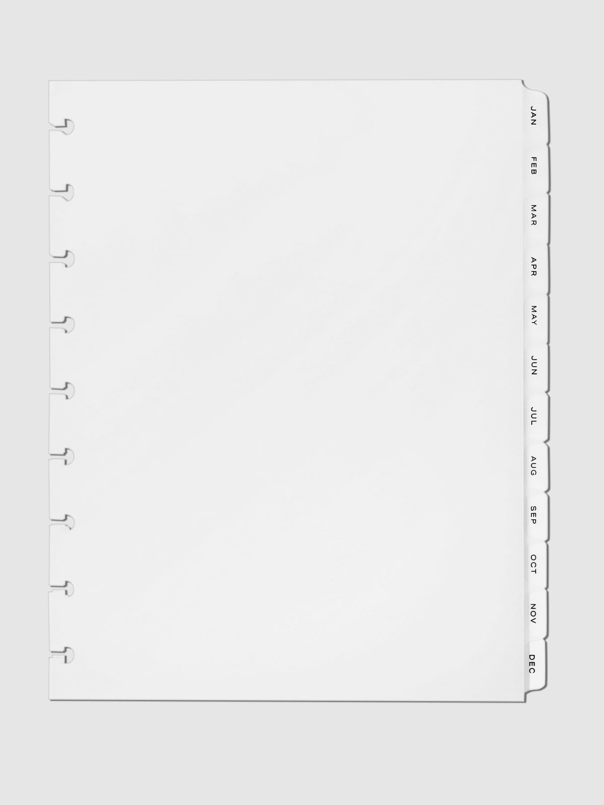 Monthly Side Tab Planner Dividers, Low Profile, Matte. Black foil tabs displayed on a neutral background.