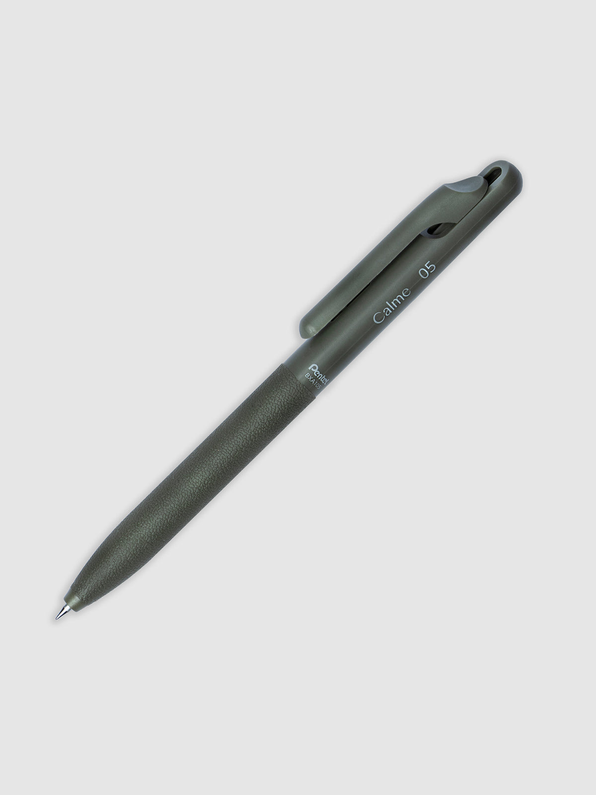 Khaki pen turned to the right against a neutral background.