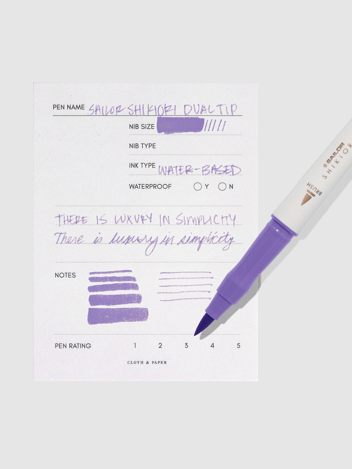 Pen displayed next to in use pen test sheet. Color pictured is Fujisugata.