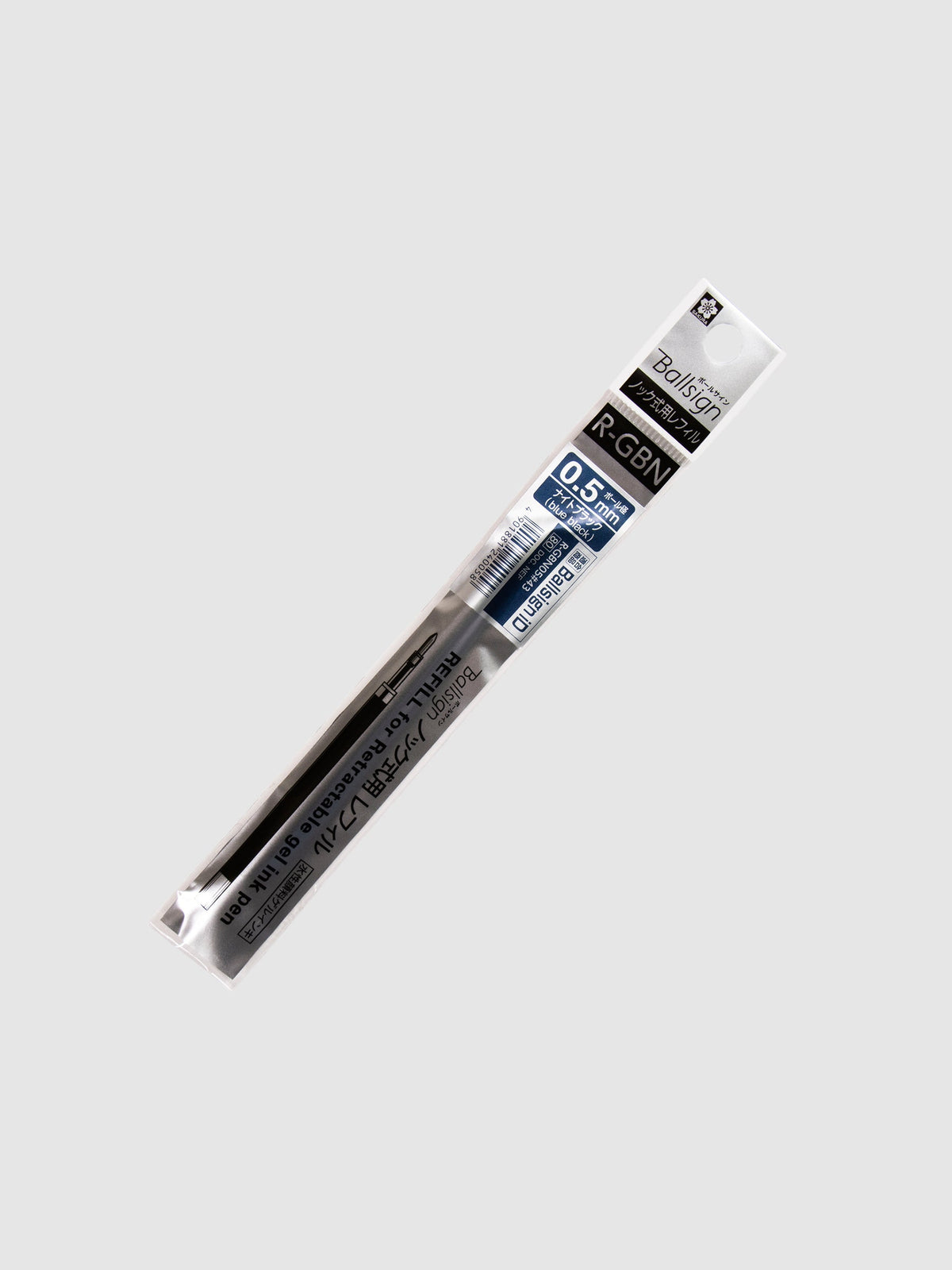 Sakura Ballsign iD Gel Ink Refill, 0.5 mm, Cloth and Paper. Blue black ink refill in its packaging turned slightly to the right against a neutral background.
