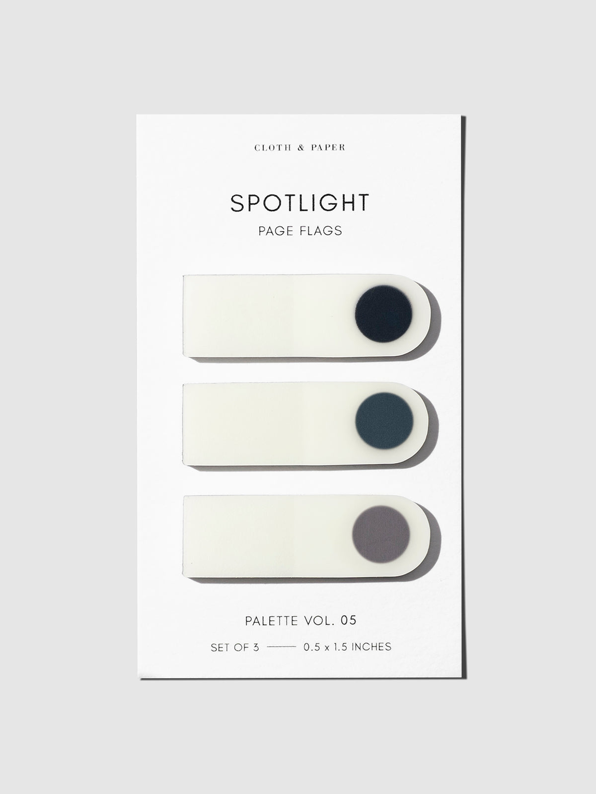 Spotlight Page Flag Set, Palette Vol. 1E, Avant Garde, Fog, and Aspen, Cloth and Paper. Page flags against a neutral background.