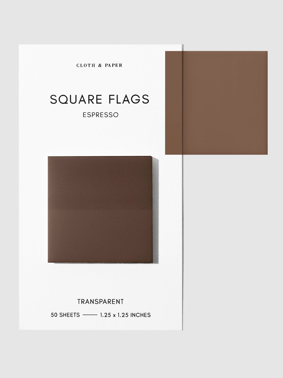 Square Page flag on their backing with one flag removed and attached to the backing to show its transparency. Color shown is Espresso.