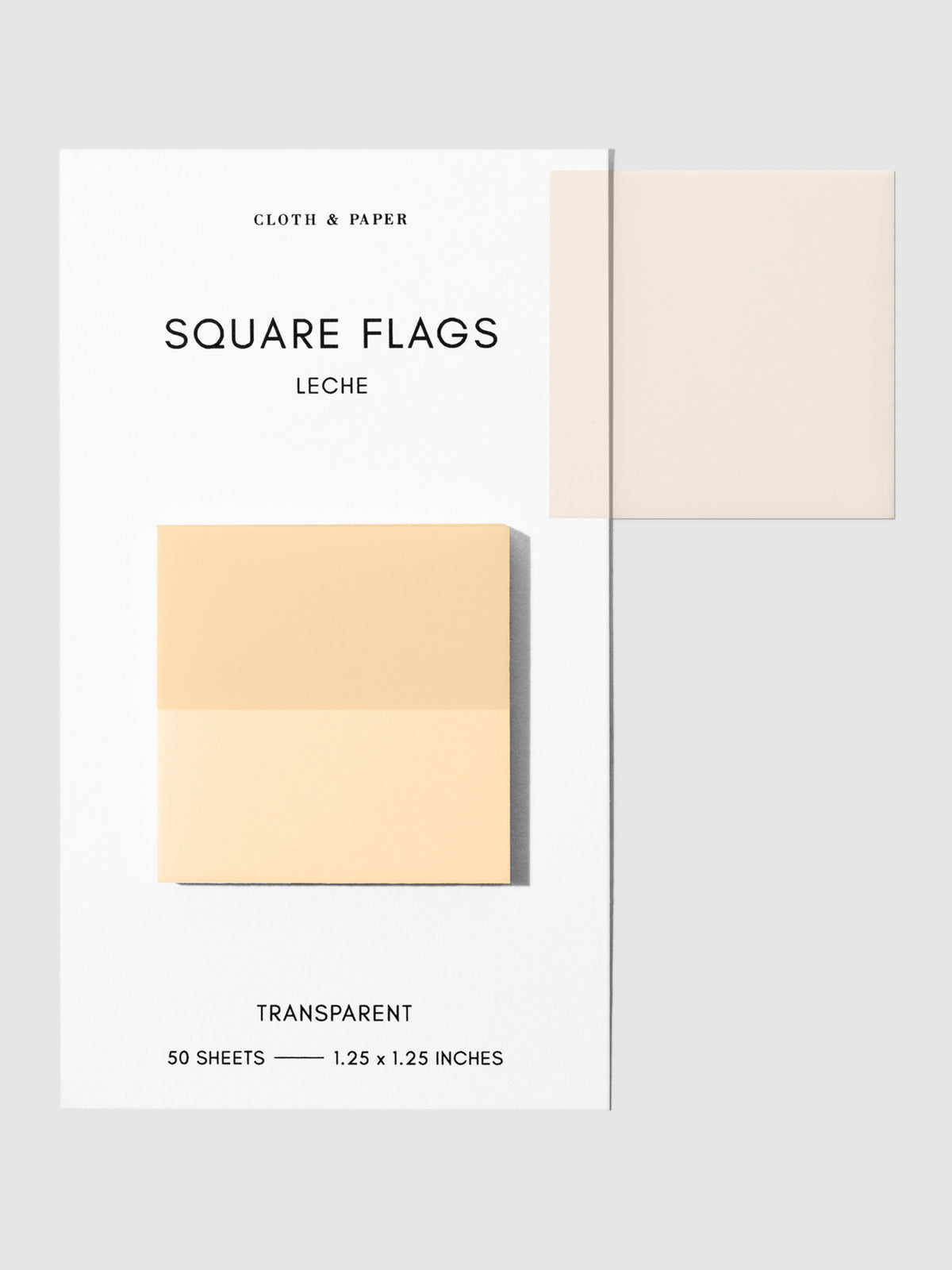 Square Page flag on their backing with one flag removed and attached to the backing to show its transparency. Color shown is Leche.