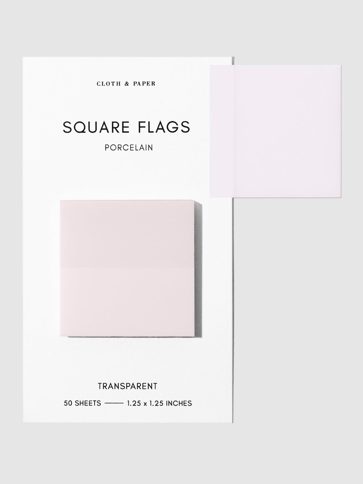 Square Page flag on their backing with one flag removed and attached to the backing to show its transparency. Color shown is Porcelain.