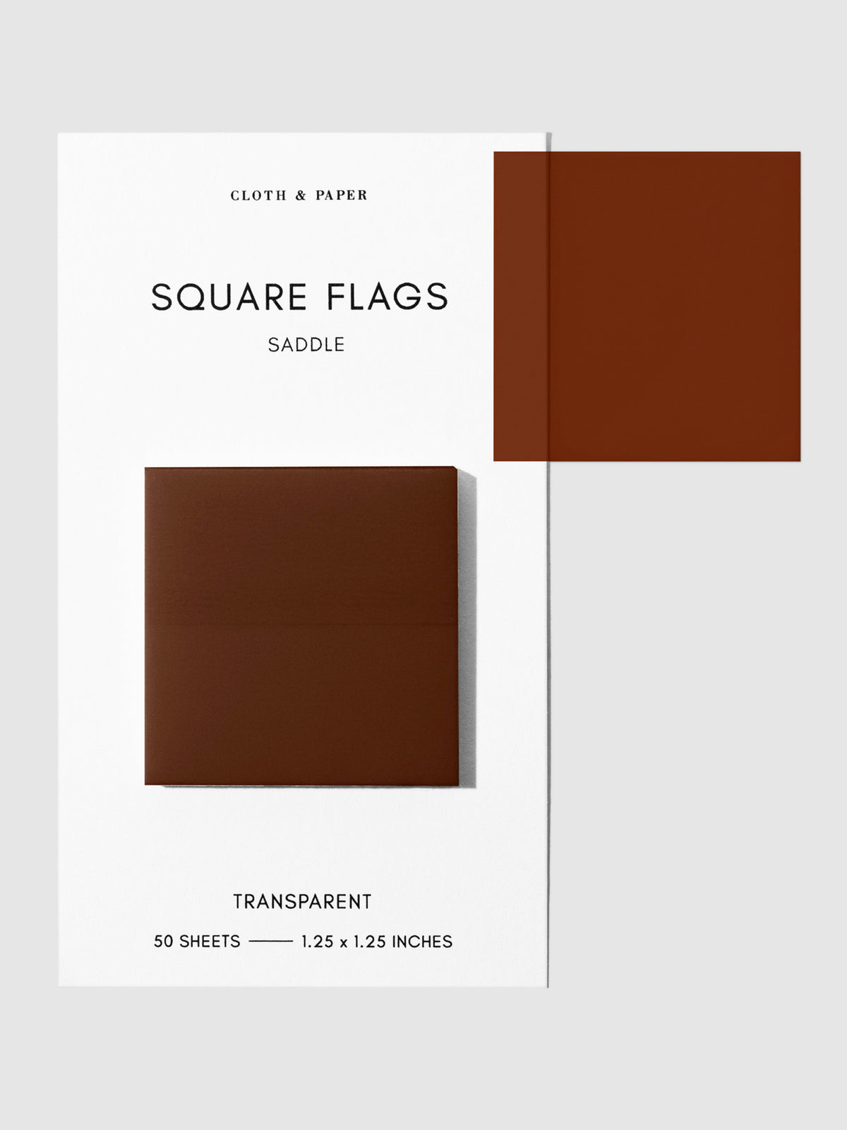 Square Page flag on their backing with one flag removed and attached to the backing to show its transparency. Color shown is Saddle.